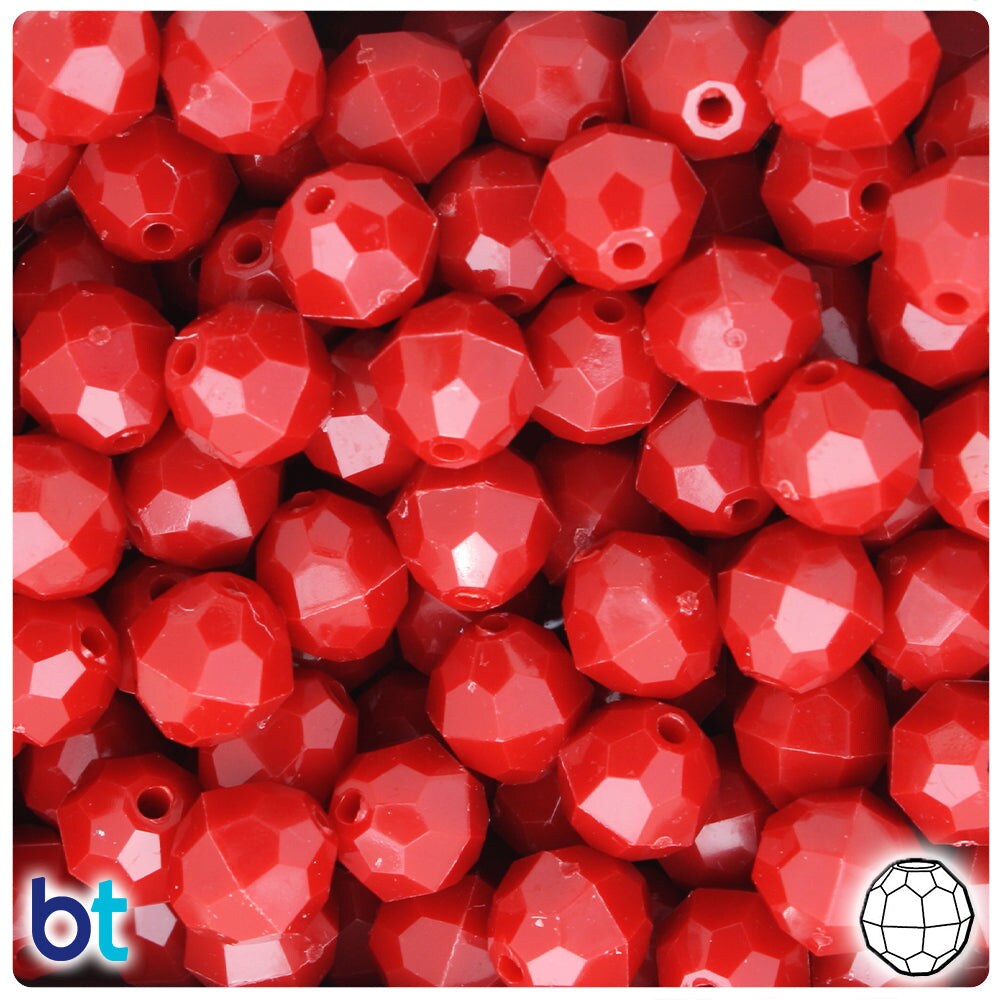 BeadTin Red Opaque 12mm Faceted Round Plastic Craft Beads (180pcs)