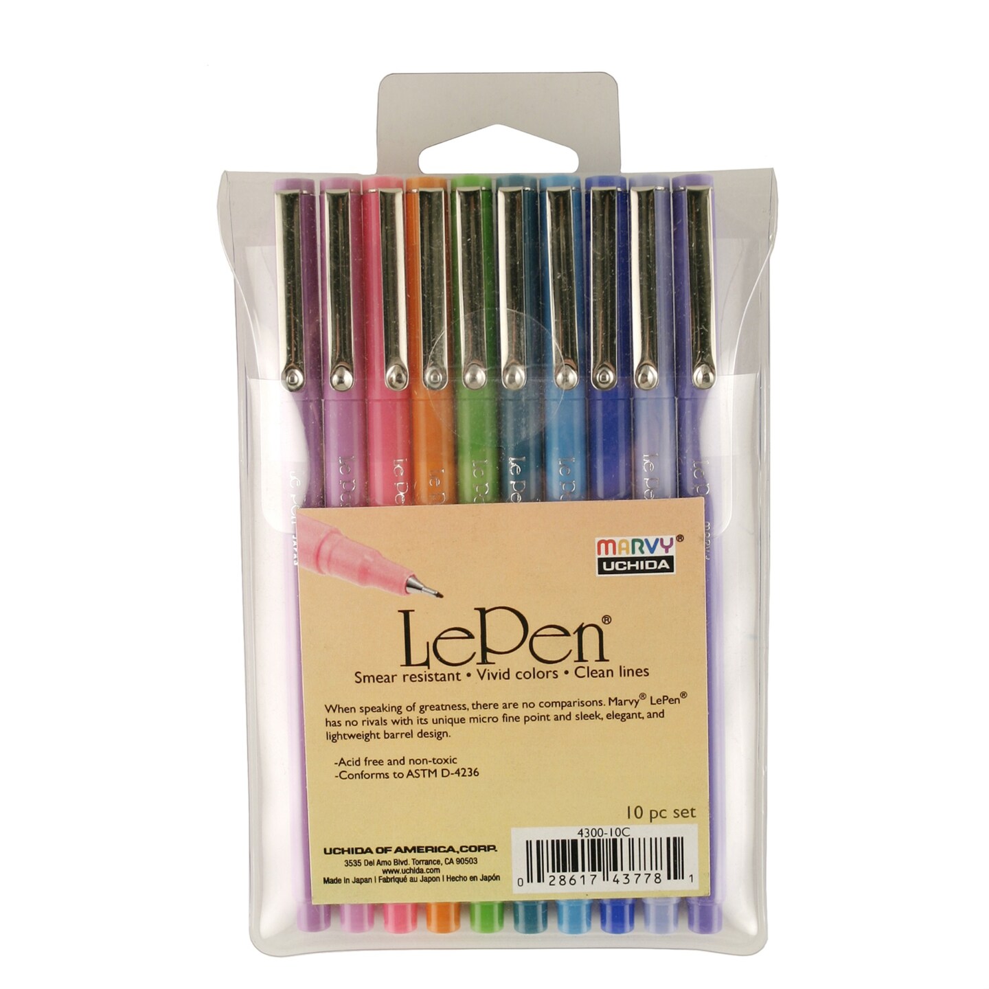 Marvy LE Pen Micro Fine Tip Pens, Assorted Bright Colors, Set of 10