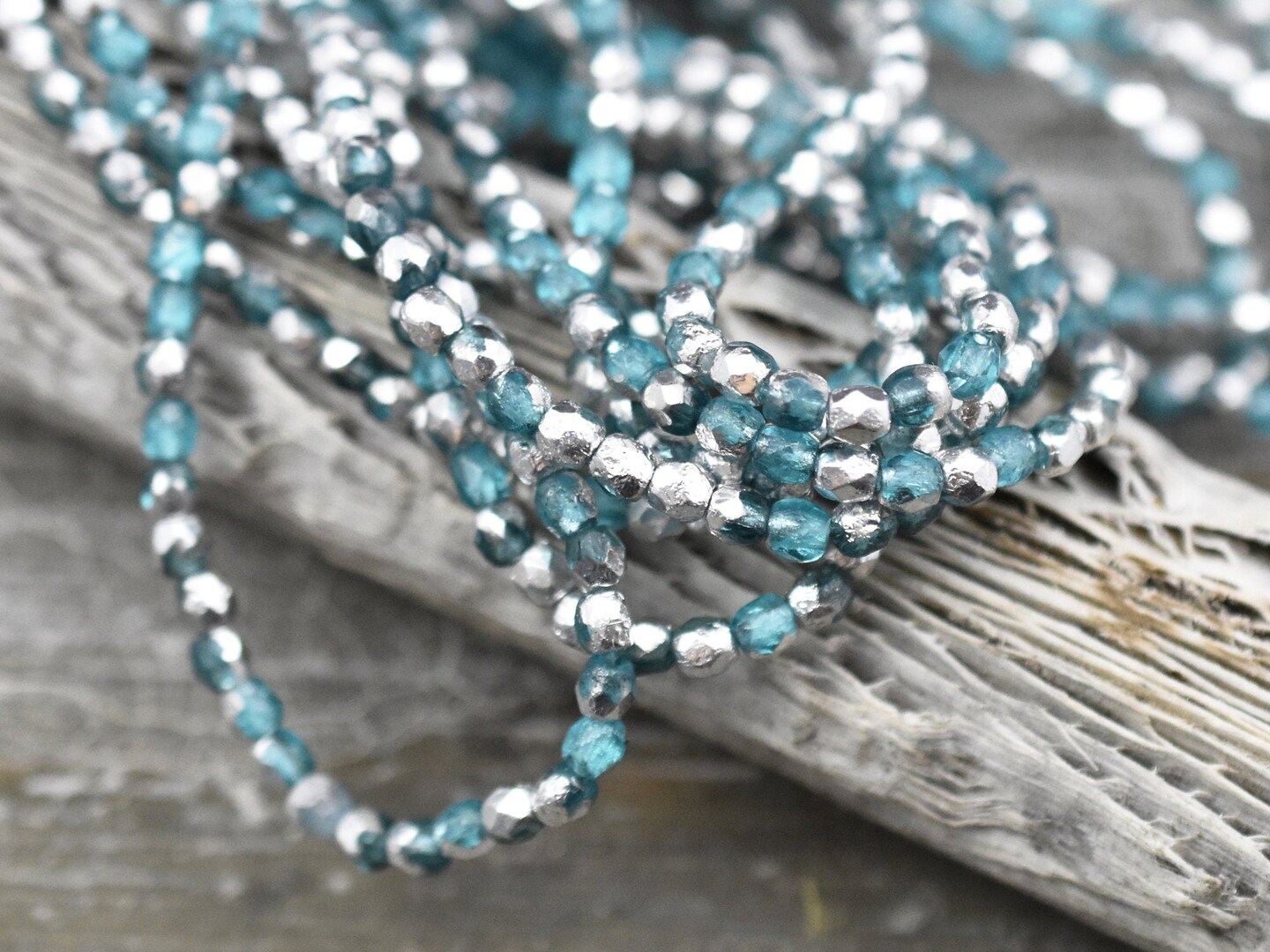 *50* 3mm Silver Washed Etched Teal Fire Polished Round Beads