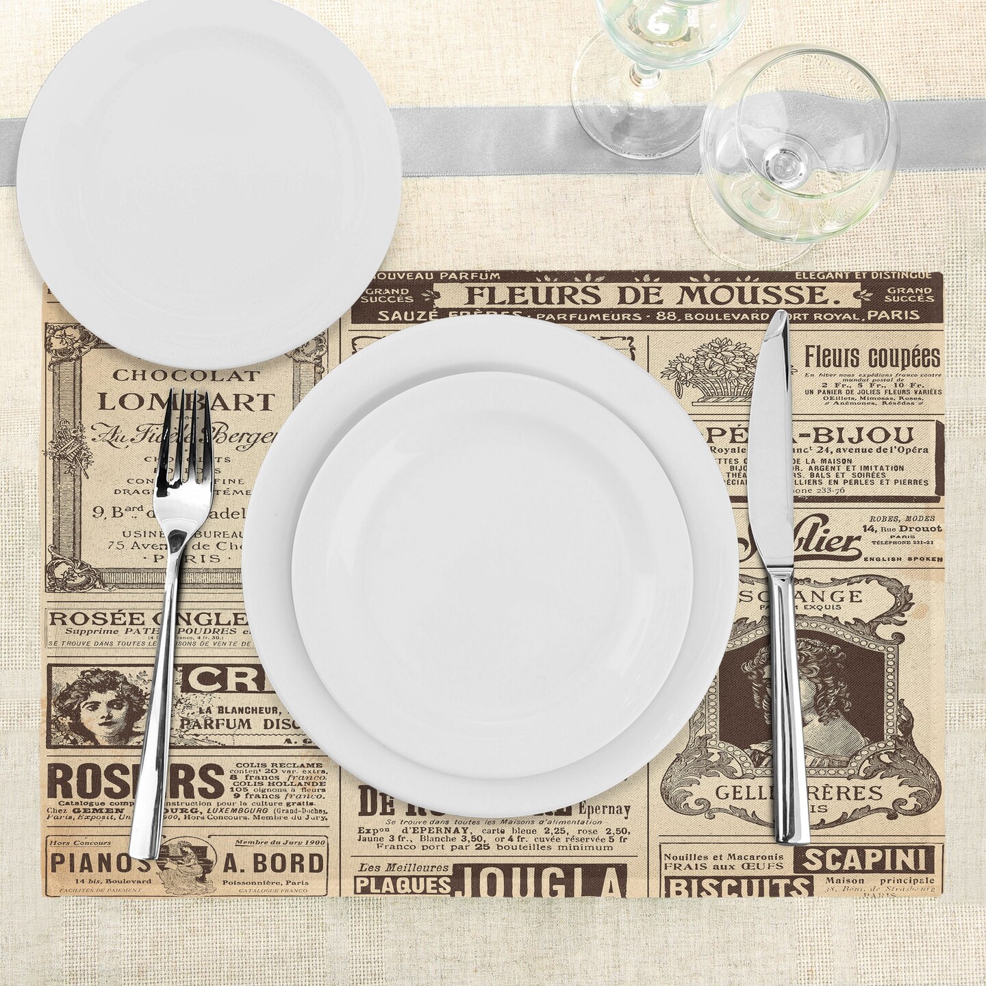 Ambesonne Paris Place Mats Set of 4, Vintage Old Historic Newspaper Journal French Paper Lettering Art Design, Washable Fabric Placemats for Dining Table, Standard Size, Army Green and Beige