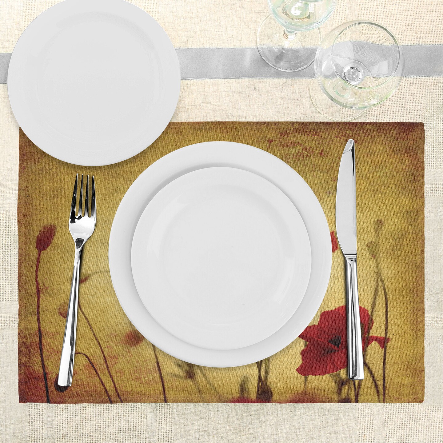 Ambesonne Poppy Flower Place Mats Set of 4, Flower and Buds on Ambient Grunge Background Retro Effects Bohemian, Washable Fabric Placemats for Dining Table, Standard Size, Pale Brown Vermilion