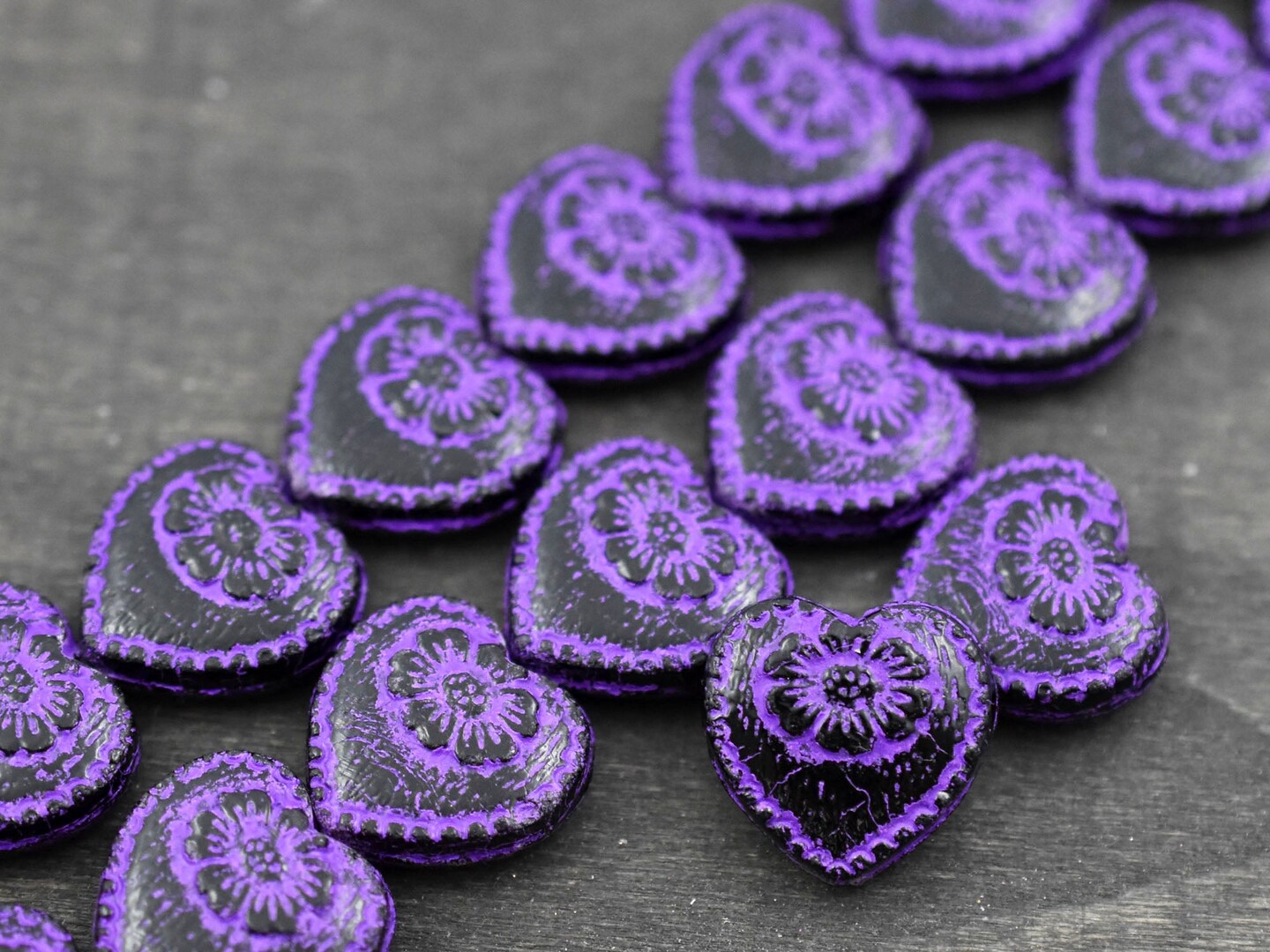 *4* 17mm Purple Washed Jet Black Floral Heart Beads