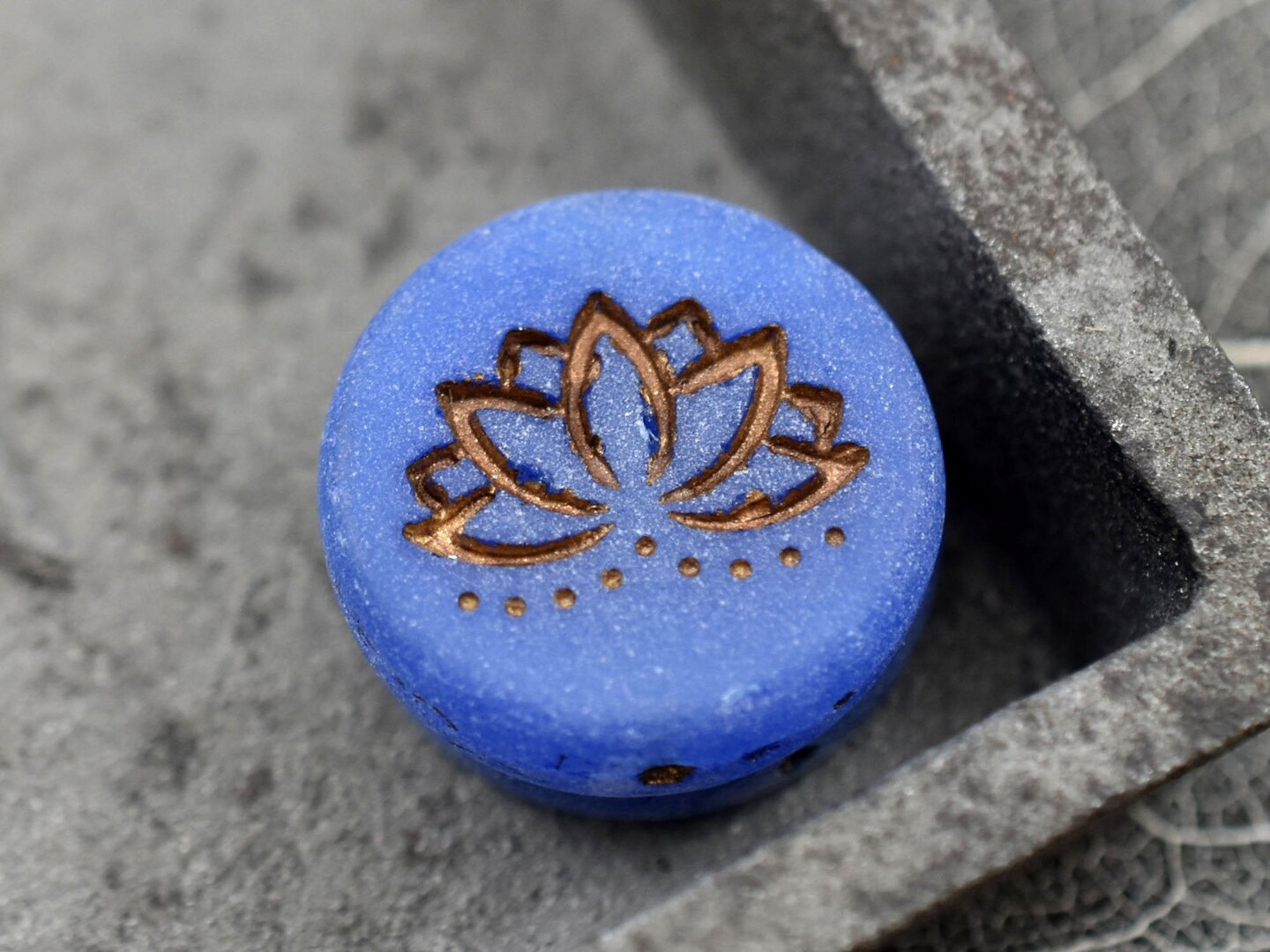 *2* 18mm Bronze Washed Matte Lapis Blue Opaline Lotus Flower Coin Beads