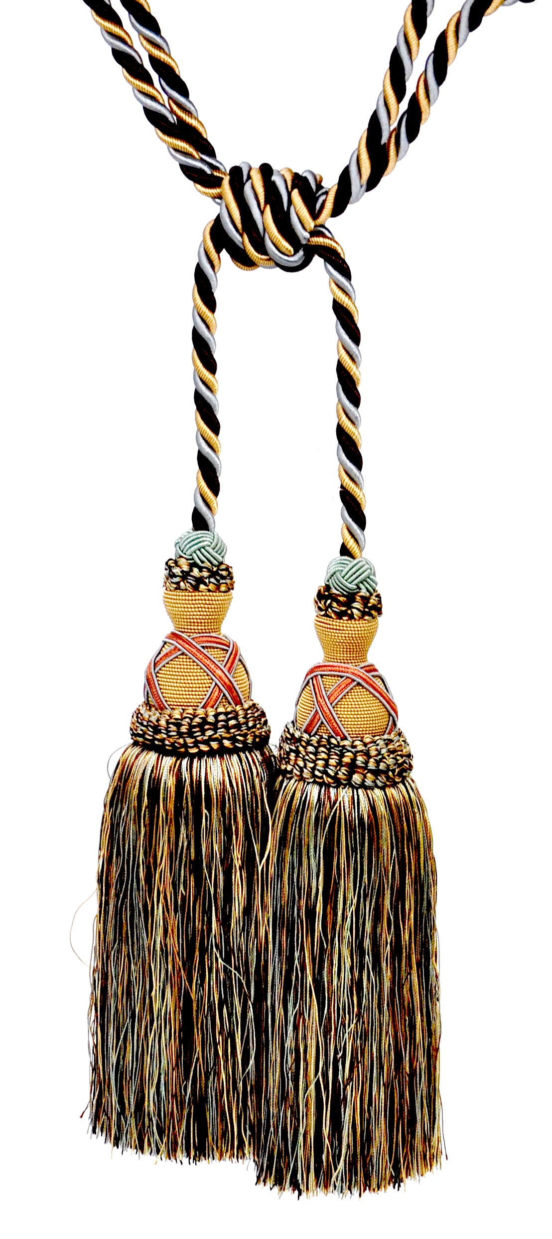 Belagio Tieback Tassel, 2 Tassels- 10” Long with 15” Cord , Milante Collection, Silver/Brown