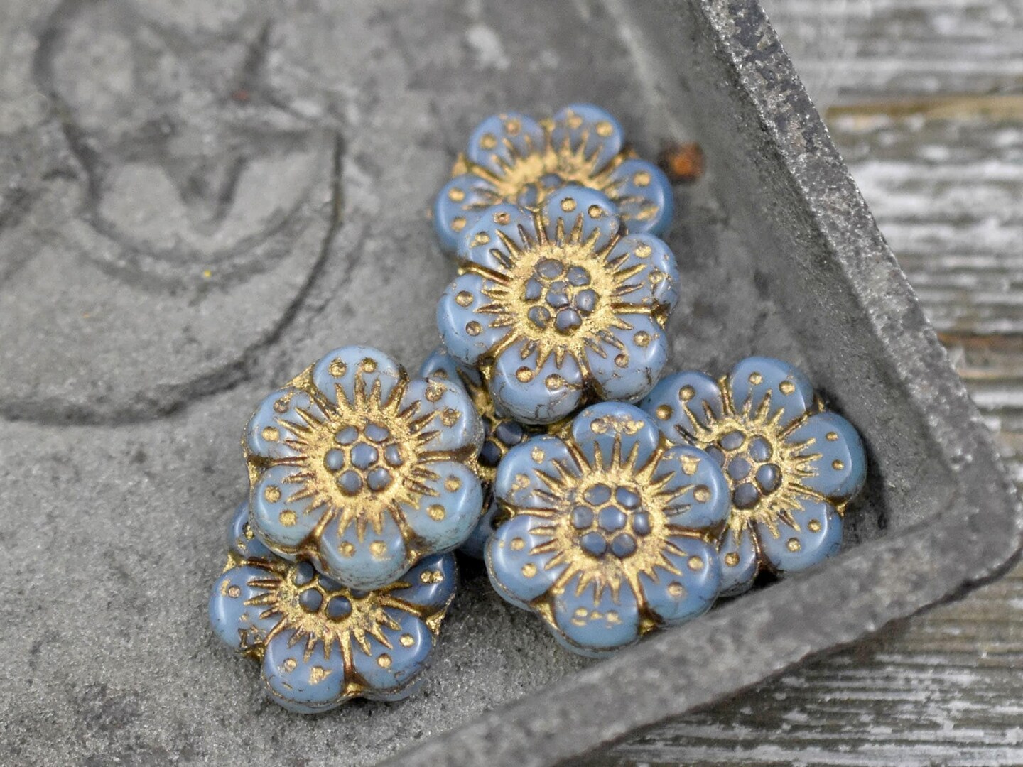 *6* 14mm Bronze Washed Blue Aqua Opaline Wildflower Beads