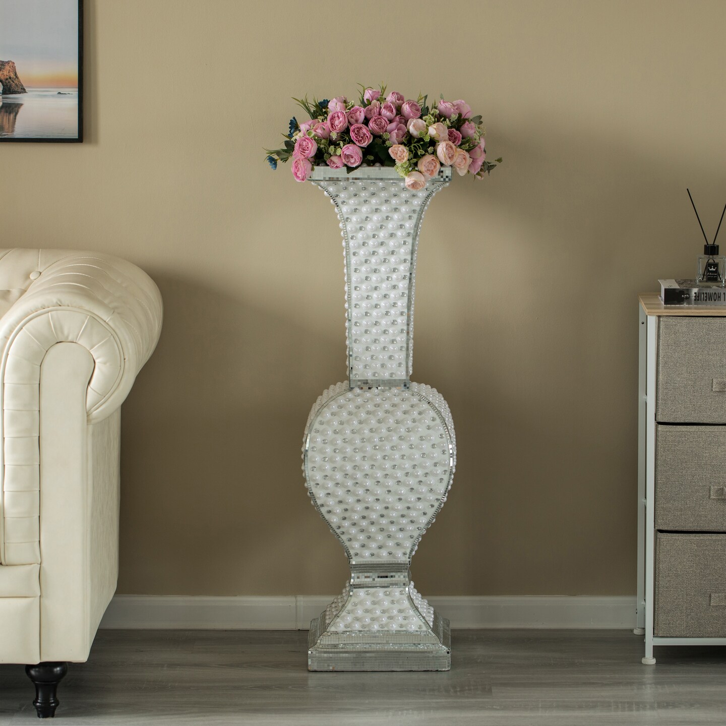 Decorative Trumpet Floor Vase, Silver Studs, White Pearl Design, 40 Inch, Floral Display, Living Room, Entryway, Dining Room, Elegant Statement Piece, Home Accent, Wedding Decor, Unique Tall Vase