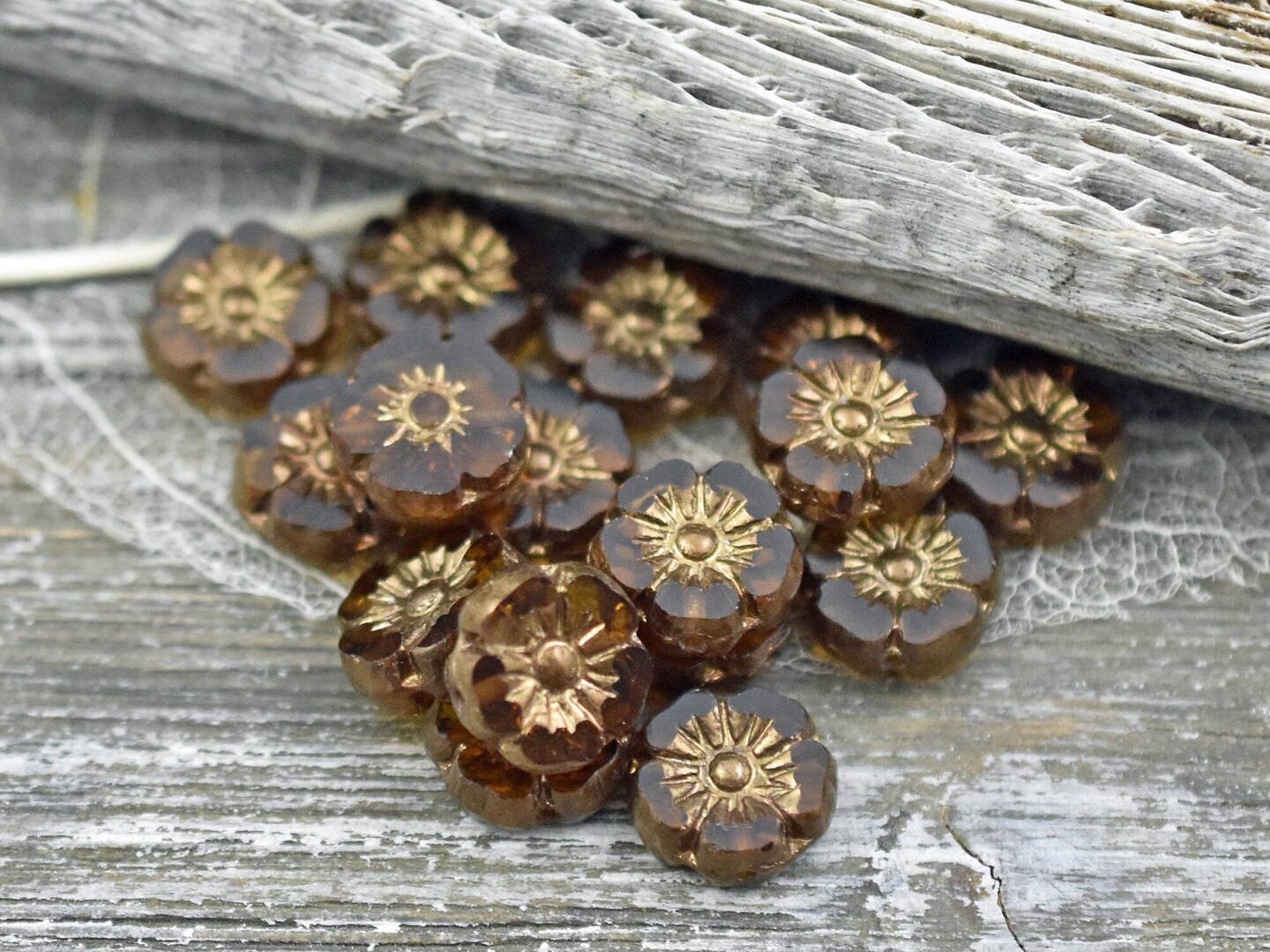 *16* 9mm Bronze Washed Topaz Table Cut Hawaiian Flower Beads