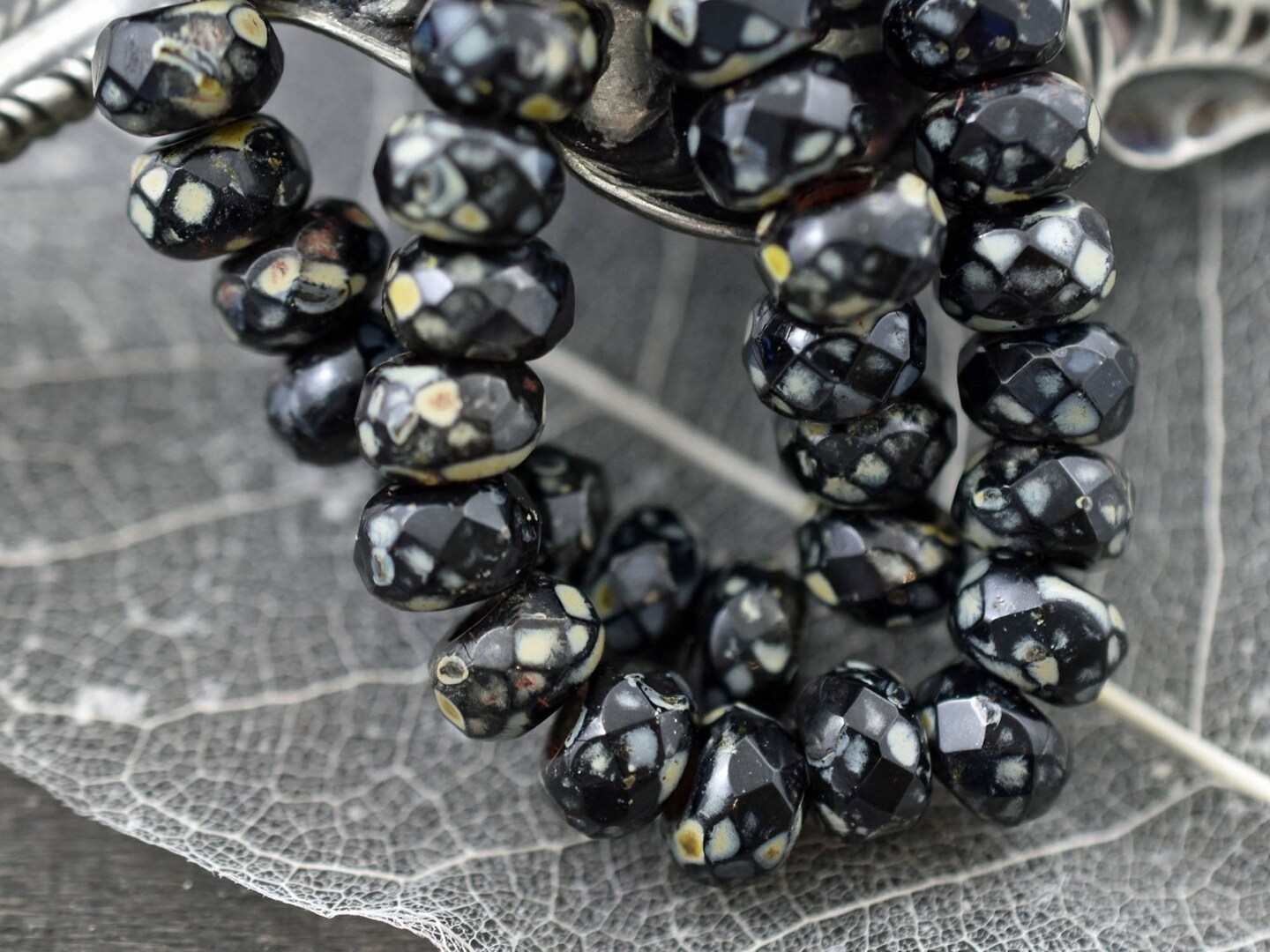 *25* 5x8mm Jet Picasso Faceted Large Hole Rondelle Roller Beads