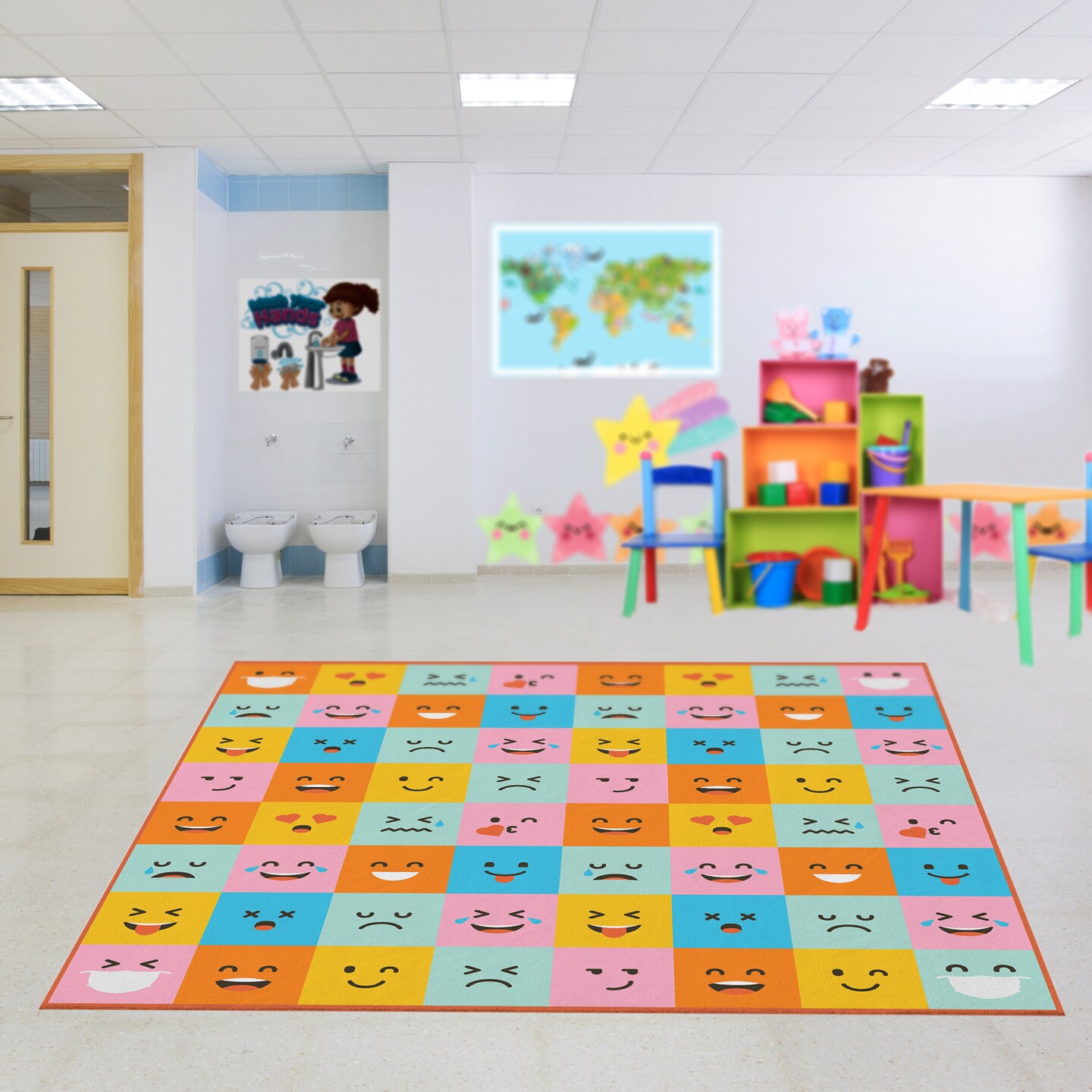 Deerlux 6 ft. Social Distancing Colorful Kids Classroom Seating Area Rug, Emoji Mask Design