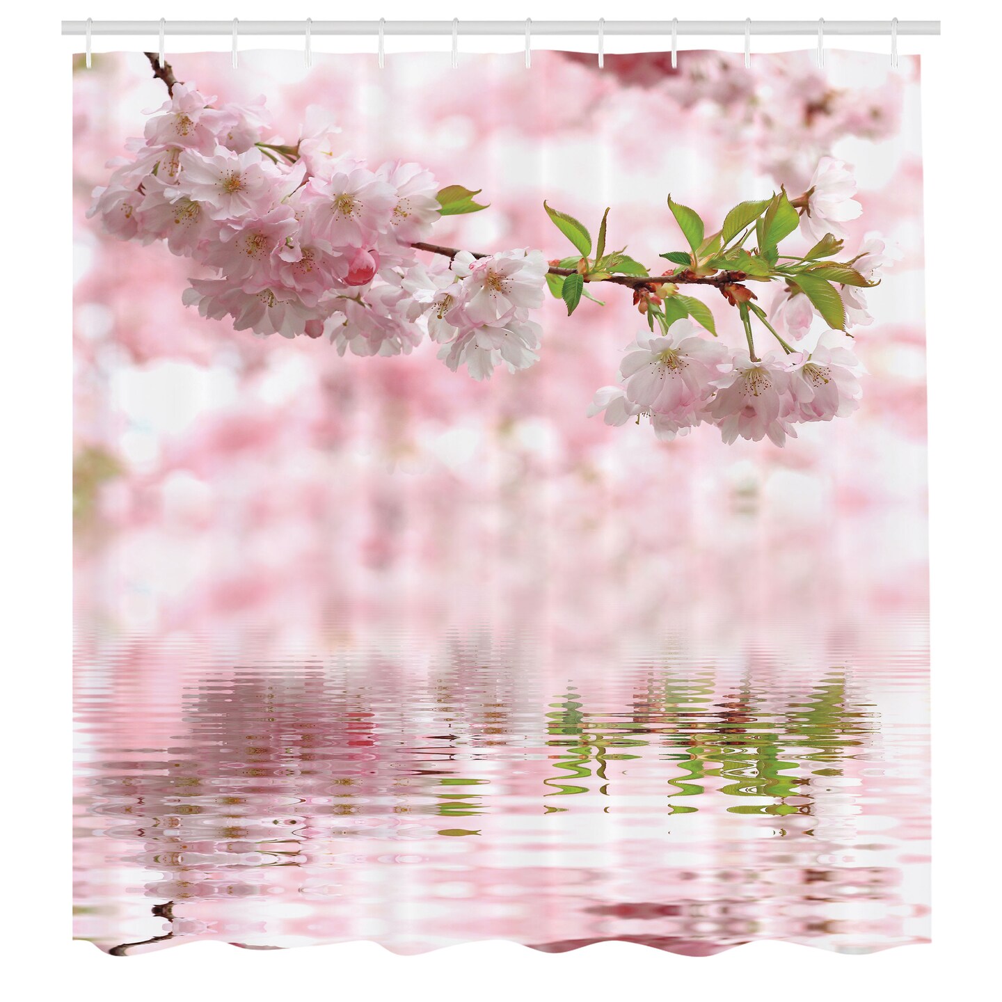 Ambesonne Flower Shower Curtain, Tender Pastel Pink Tones Floral Branch on Rippling Water with Reflection, Cloth Fabric Bathroom Decor Set with Hooks, 69&#x22; W x 70&#x22; L, Pale Pink Fern Green