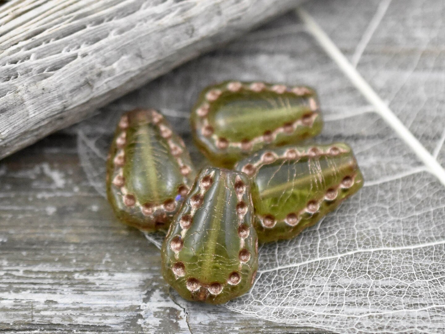 *6* 17x12mm Bronze Washed Olive Green Lacy Teardrop Beads