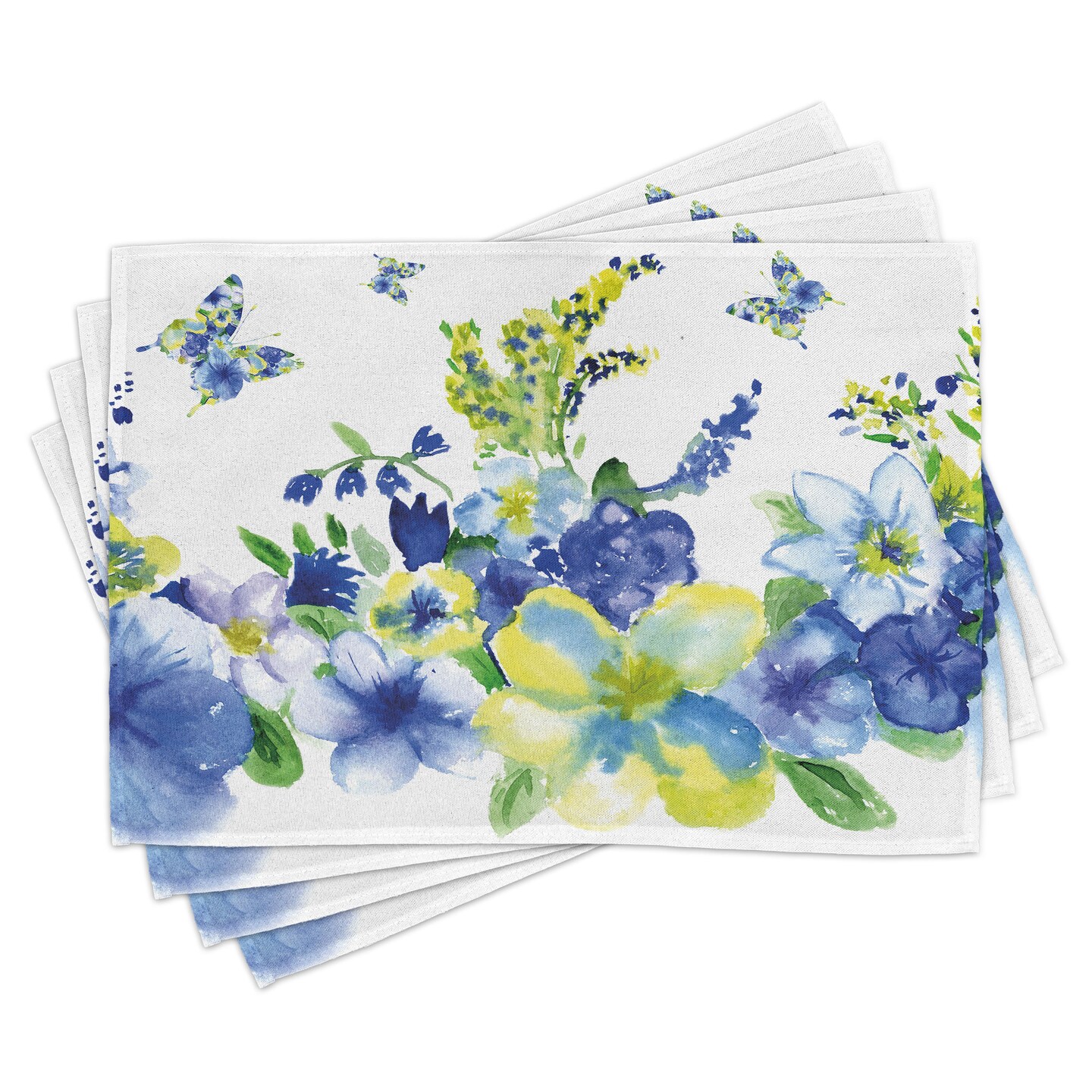Ambesonne Yellow and Blue Place Mats Set of 4, Spring Flower Watercolor Flourishing Vibrant Blooms Design, Washable Fabric Placemats for Dining Table, Standard Size, Lime Green Royal Blue