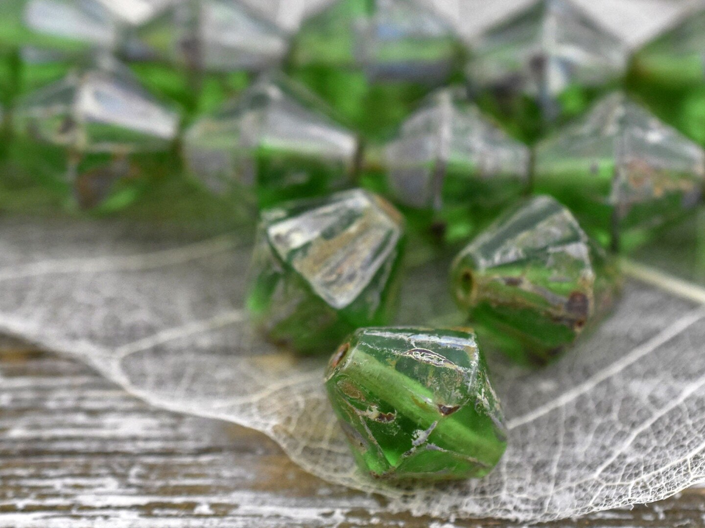 *6* 15mm Emerald Green Travertine Faceted Bicone Beads