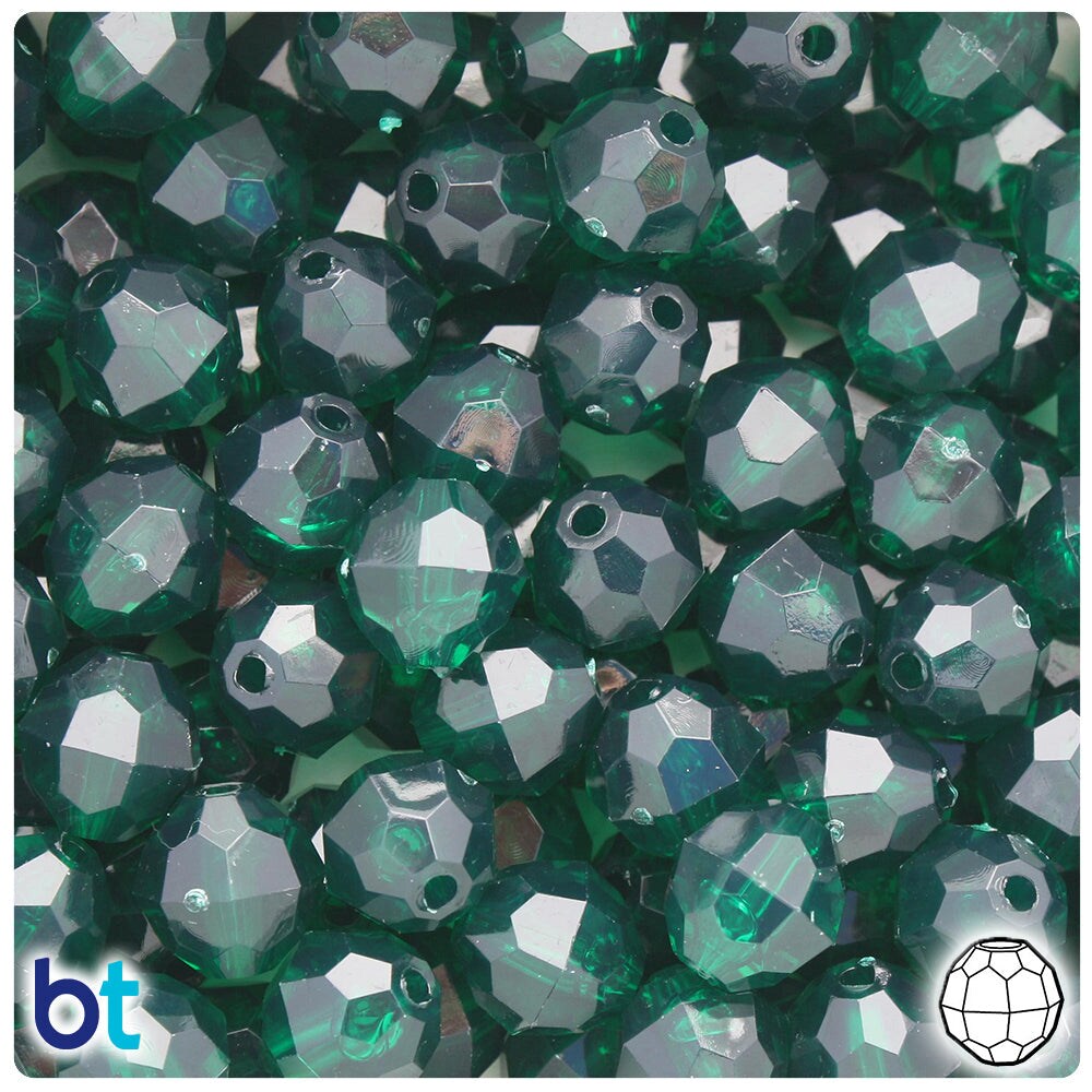 BeadTin Forest Green Transparent 12mm Faceted Round Plastic Craft Beads (180pcs)