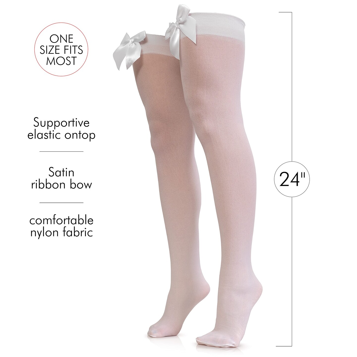 Bow Accent Thigh Highs - White Over the Knee High Stockings with White Satin Ribbon Bow Accent for Women and Girls