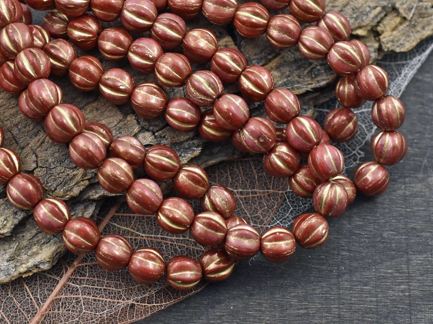 *25* 6mm Gold Washed Opaque Brick Red Round Melon Beads