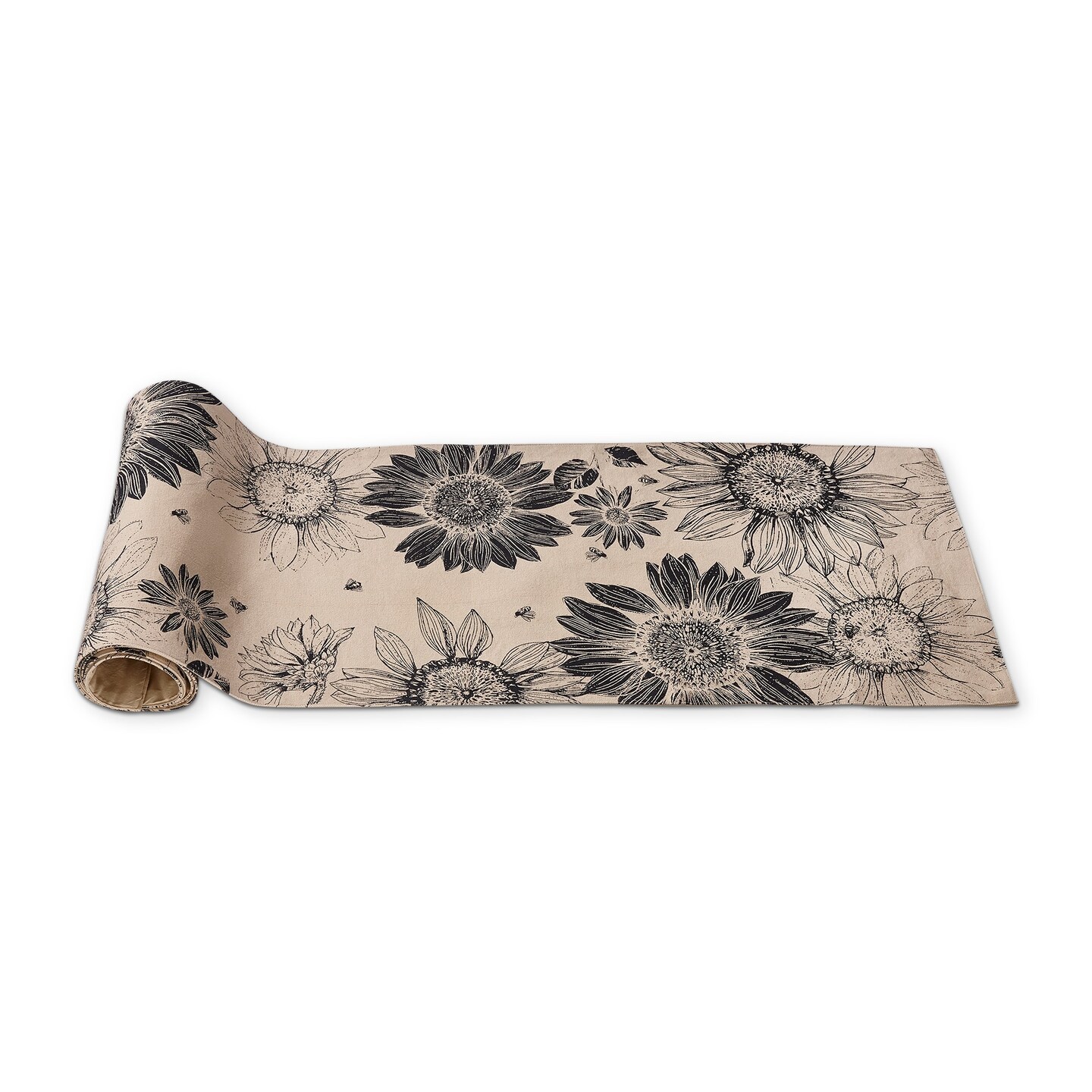 Let It Bee Black Sunflower Print on Beige Background Cotton Machine Washable Table Runner D&#xE9;cor Decoration, 72&#x22; x 14&#x22;-in.