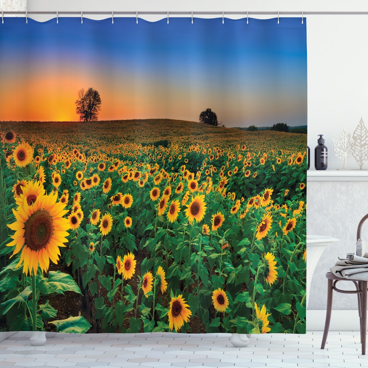 Ambesonne Nature Art Collection, Sunflower Picture Painting Effect Sunset Artwork Prints, Polyester Fabric Bathroom Shower Curtain Set with Hooks, Blue/Brown/Yellow