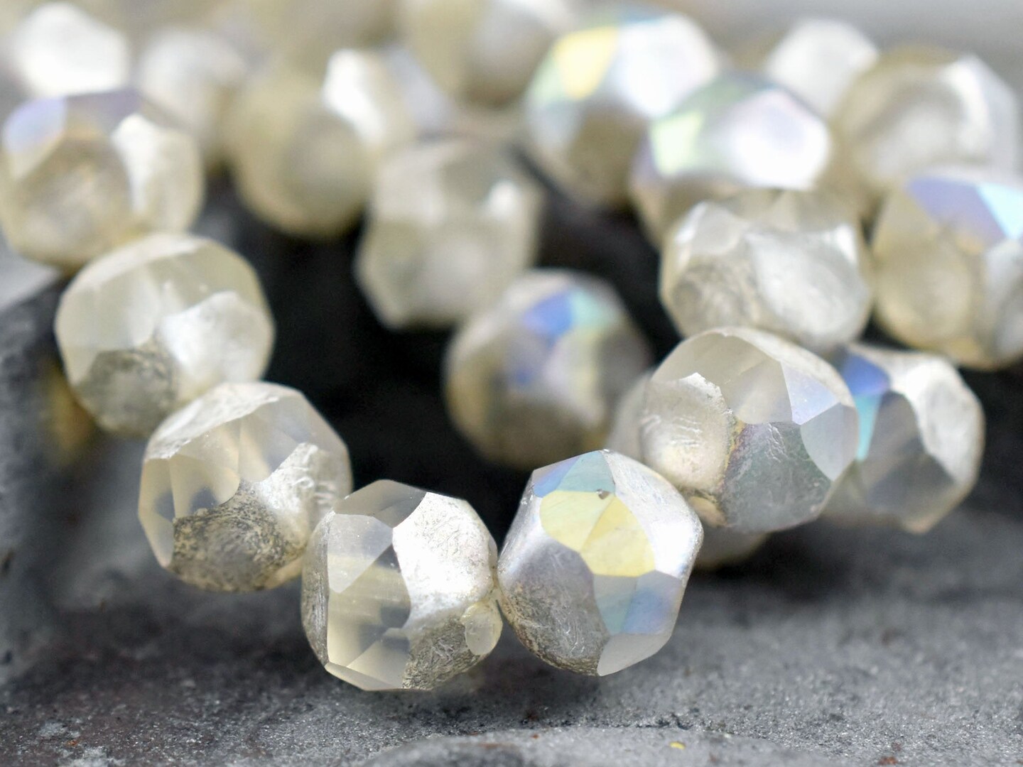 *15* 9mm Antique Silver AB Washed Crystal Central Cut Round Beads