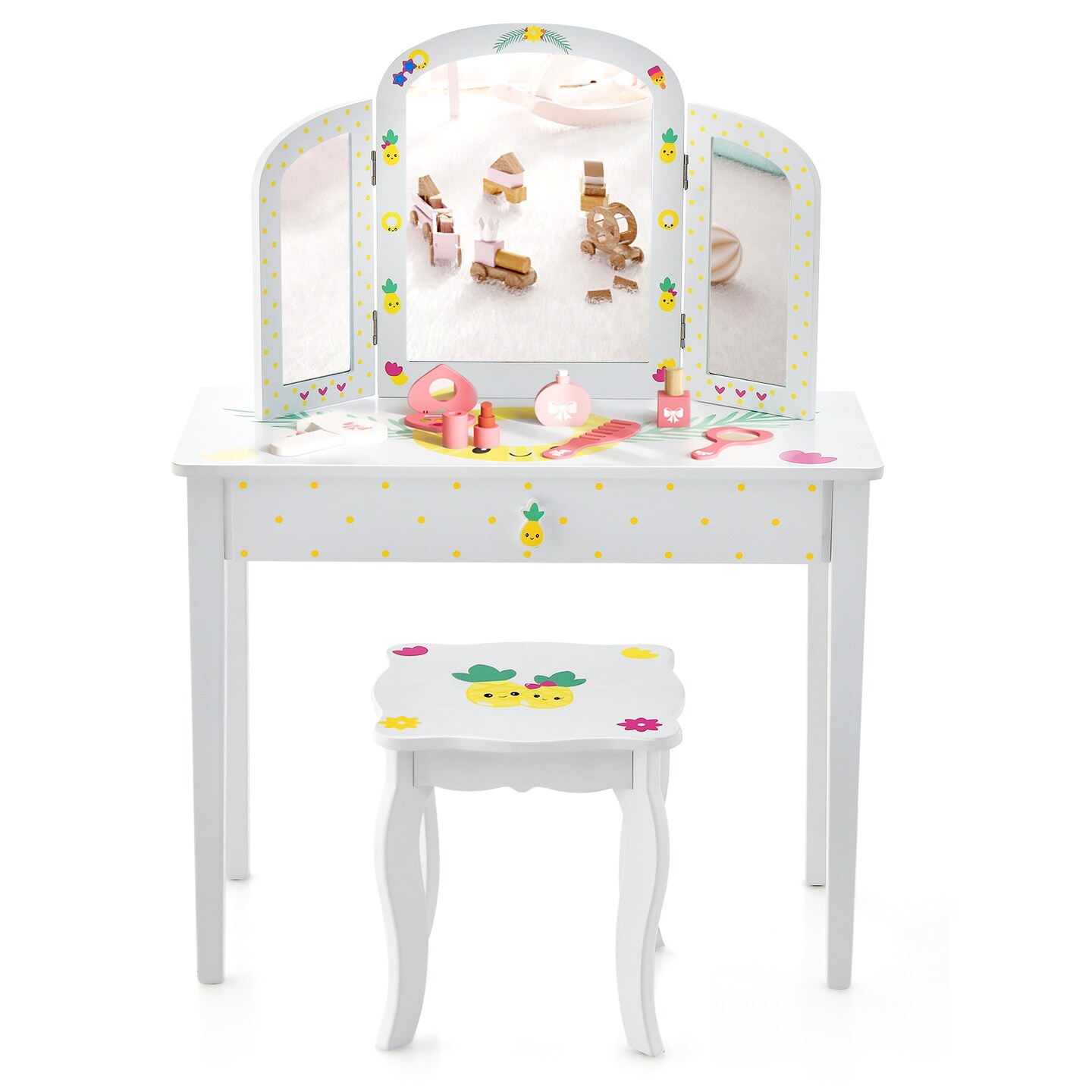 Kids Vanity Table Set With Tri-folding Mirror And Large Drawer-White