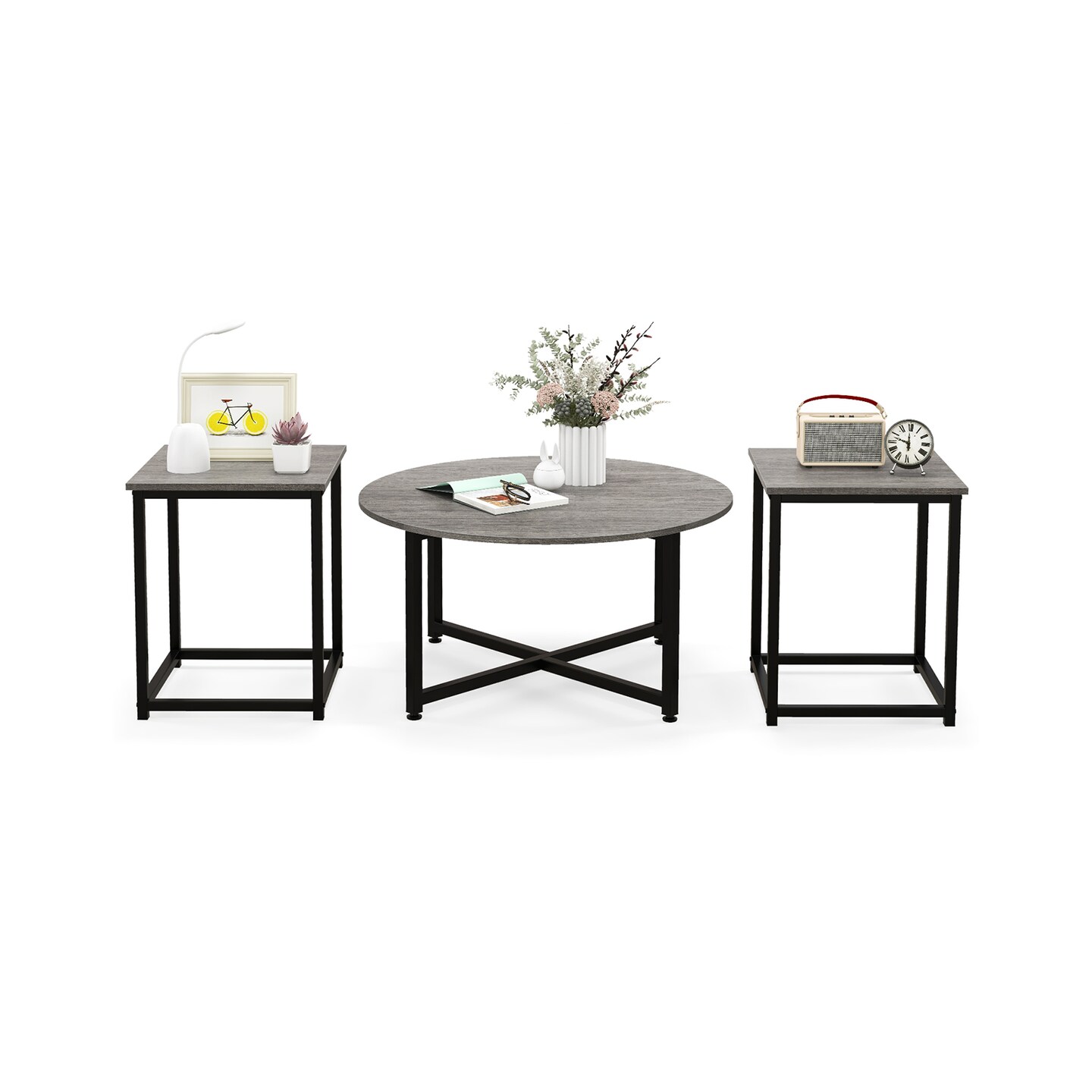 3-piece Coffee Table Set Round Coffee Table And 2pcs Square End Tables-gray