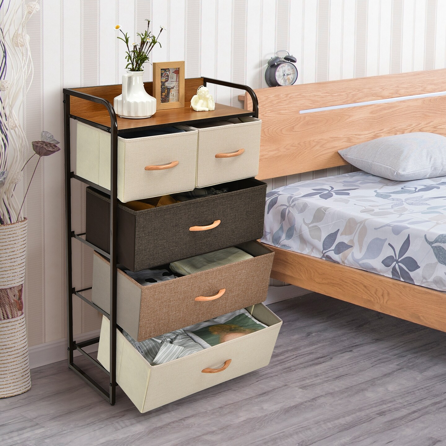 4-tier Organizer Tower Steel Frame Wooden Top Storage With 5-drawer Dresser