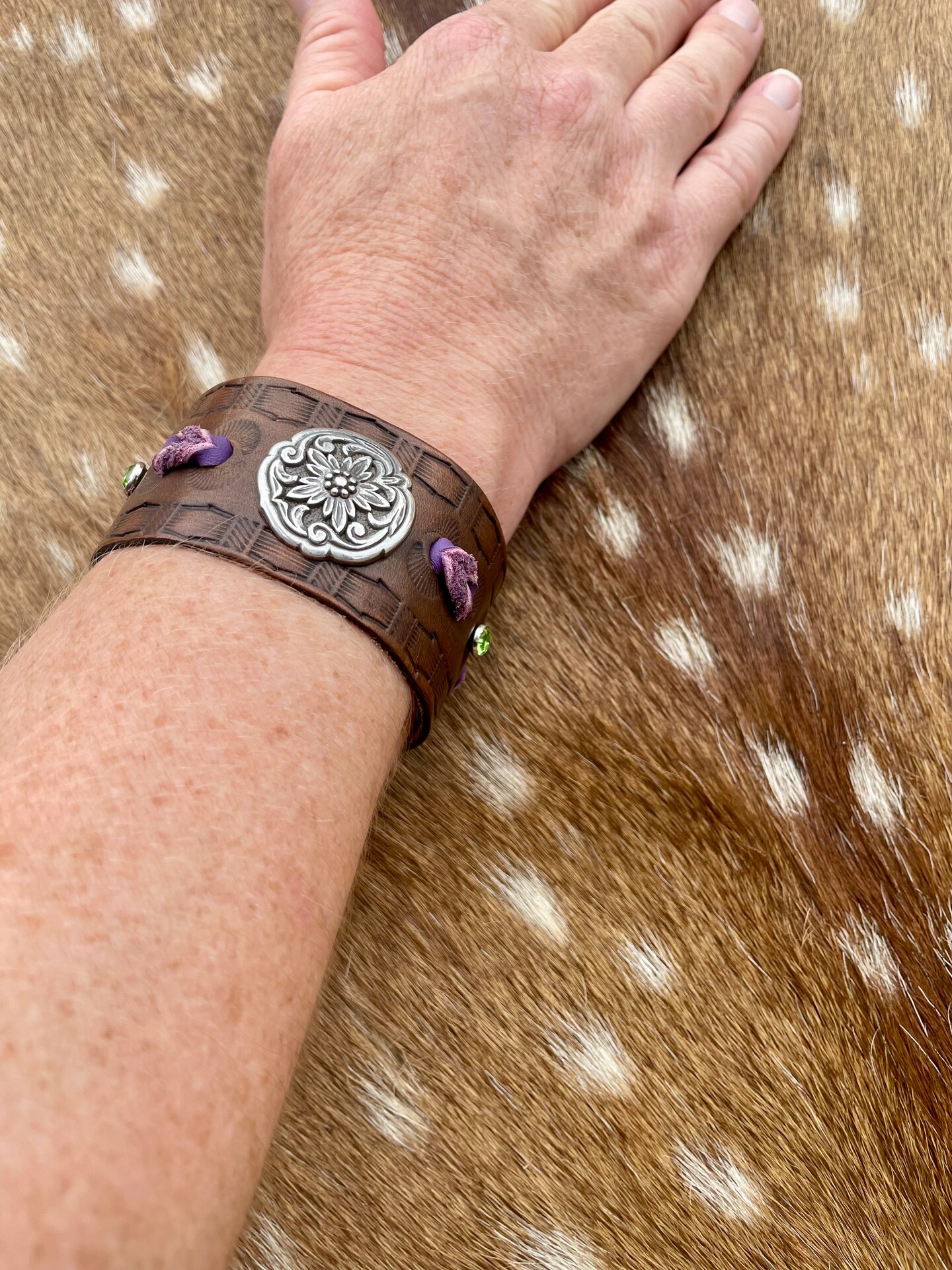 Brown Leather cuff bracelet, western tooled gift for women, floral