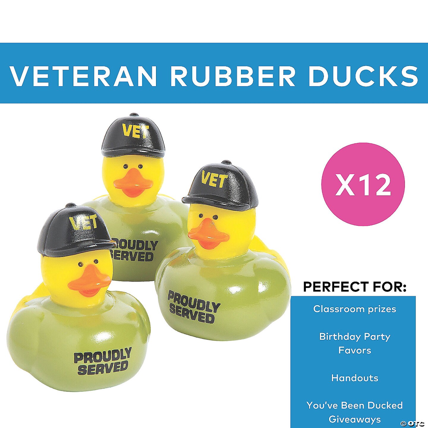 2&#x22; Veteran Rubber Ducks in Green T-Shirts and Black Cap - 12 Pc.