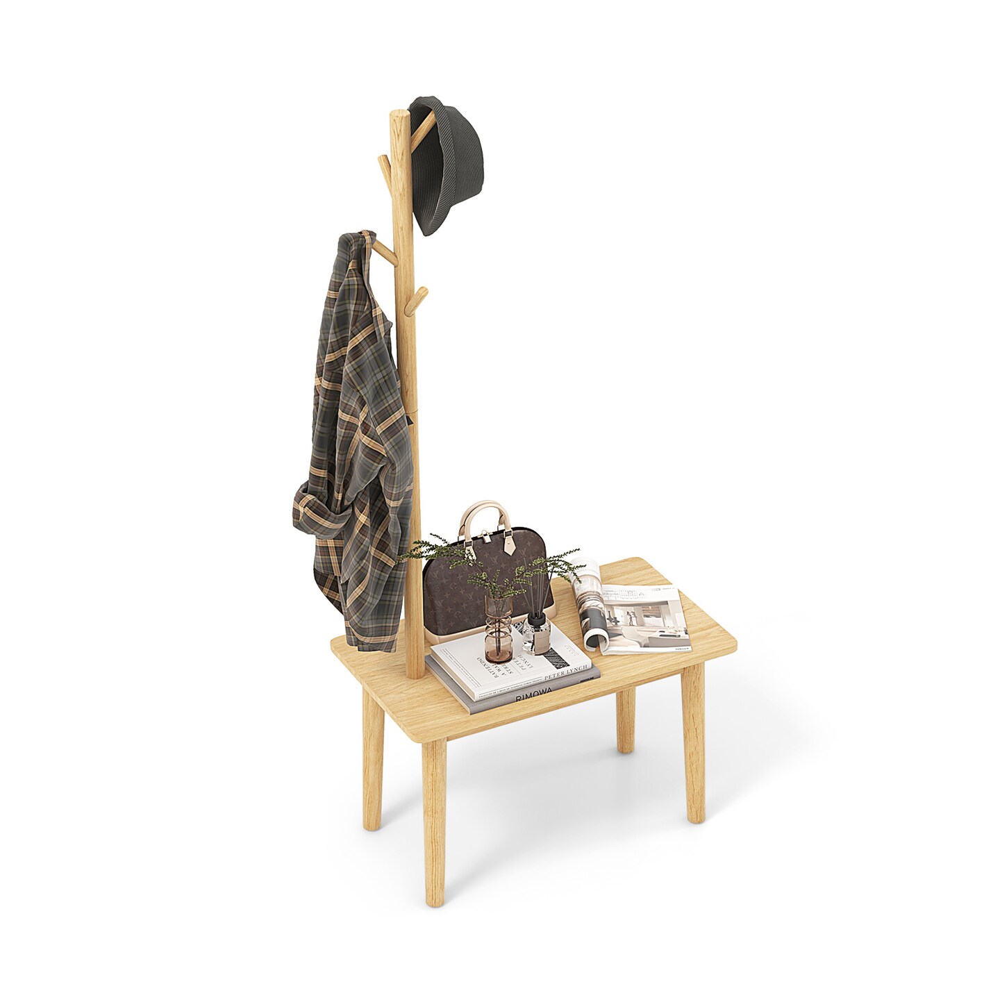 End Table With Coat Rack Solid Wood Coat Tree With 2-in-1 Side Table-natural