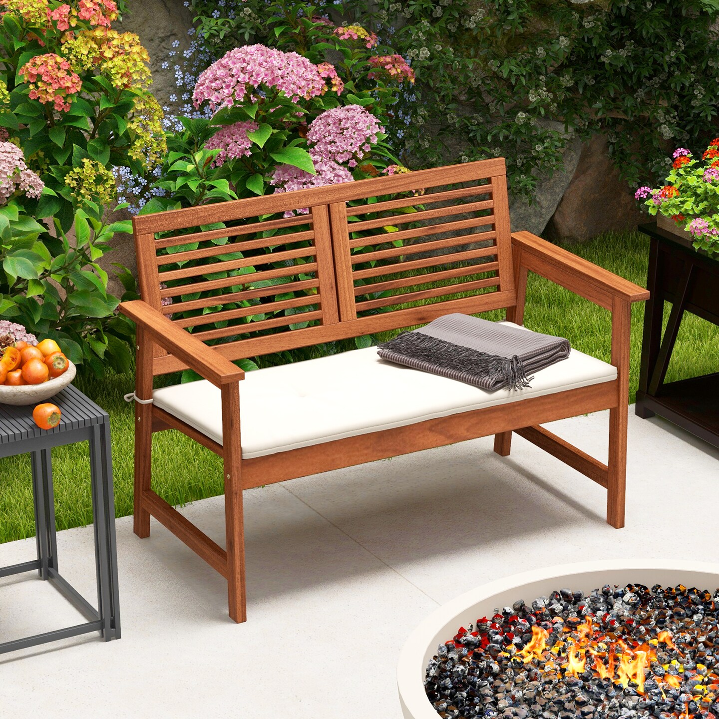 Solid Wood Patio Loveseat with Off White Cushions Outdoor 2-Seat Bench for Porch or Garden