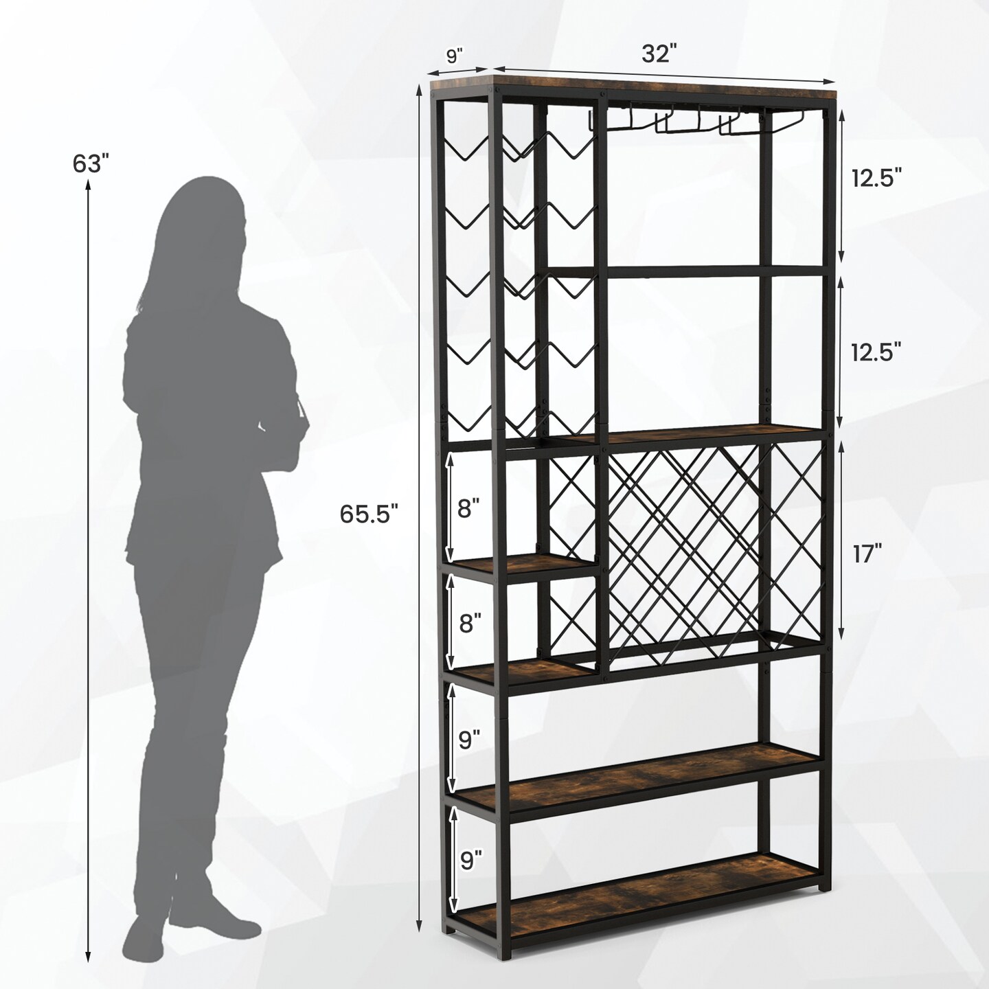 Freestanding Wine Rack Cabinet 27 Bottle Holder with Glass Rack 6 Tier Shelves Rustic Brown Black