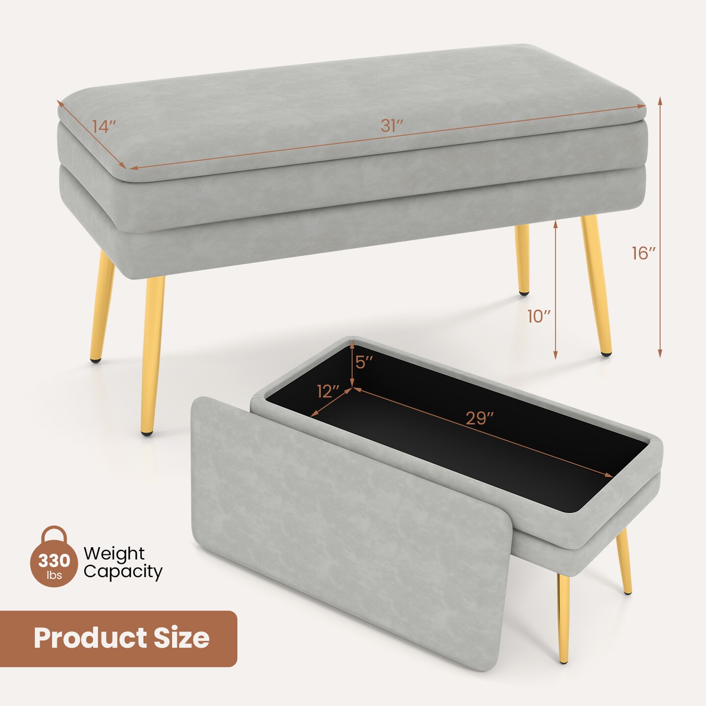 Velvet Upholstered Storage Bench With Removable Top-grey