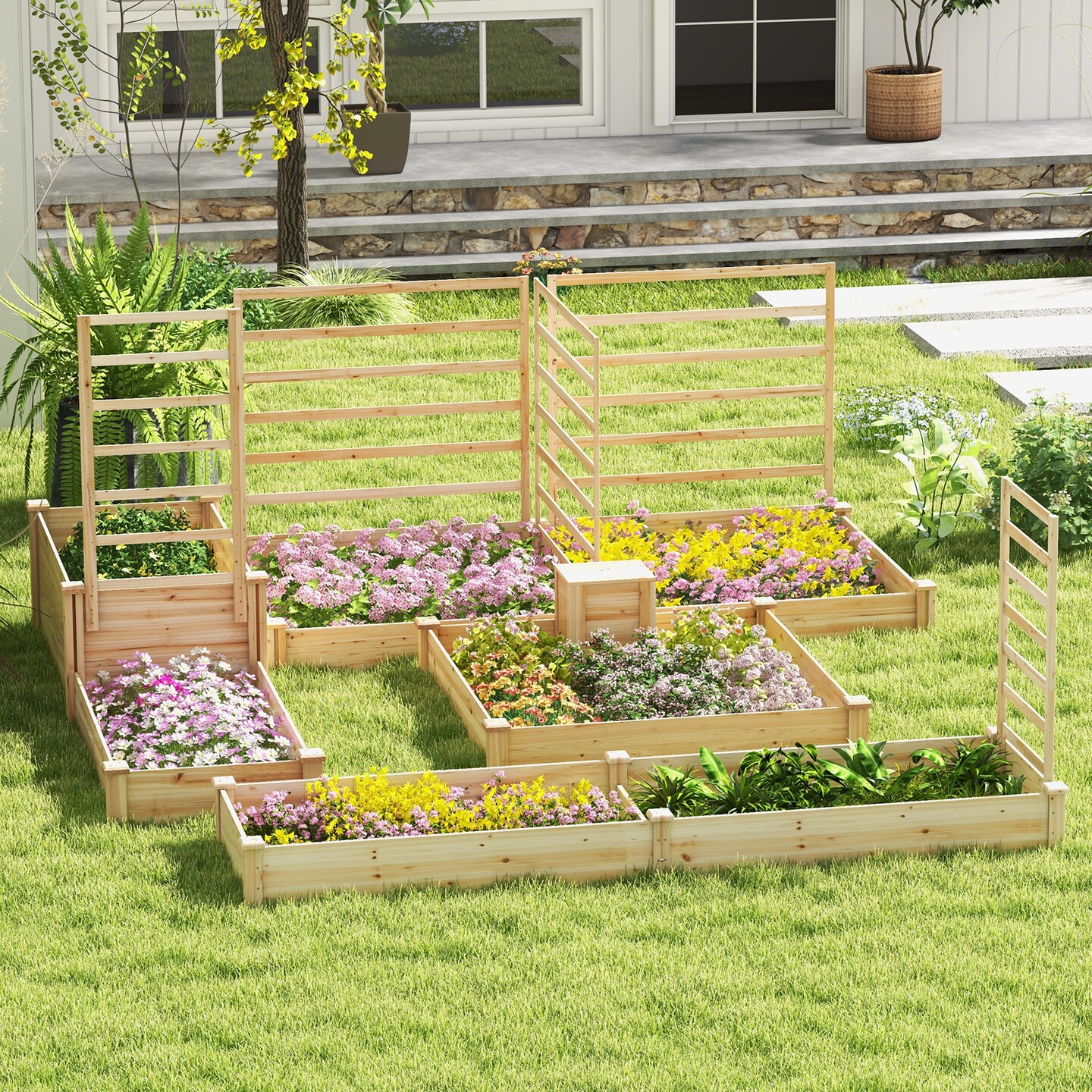 49&#x22; X 49&#x22; X 10&#x22; Raised Garden Bed With Compost Bin And Open-ended Bottom-Natural