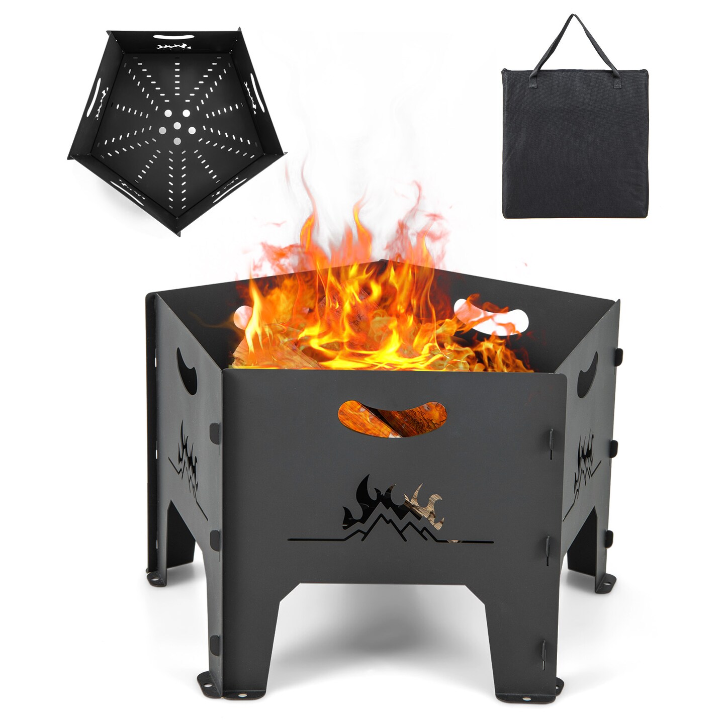 19" Black Camping Fire Pit Carbon Steel Wood Burning Outdoor Fire Bowl with Bag