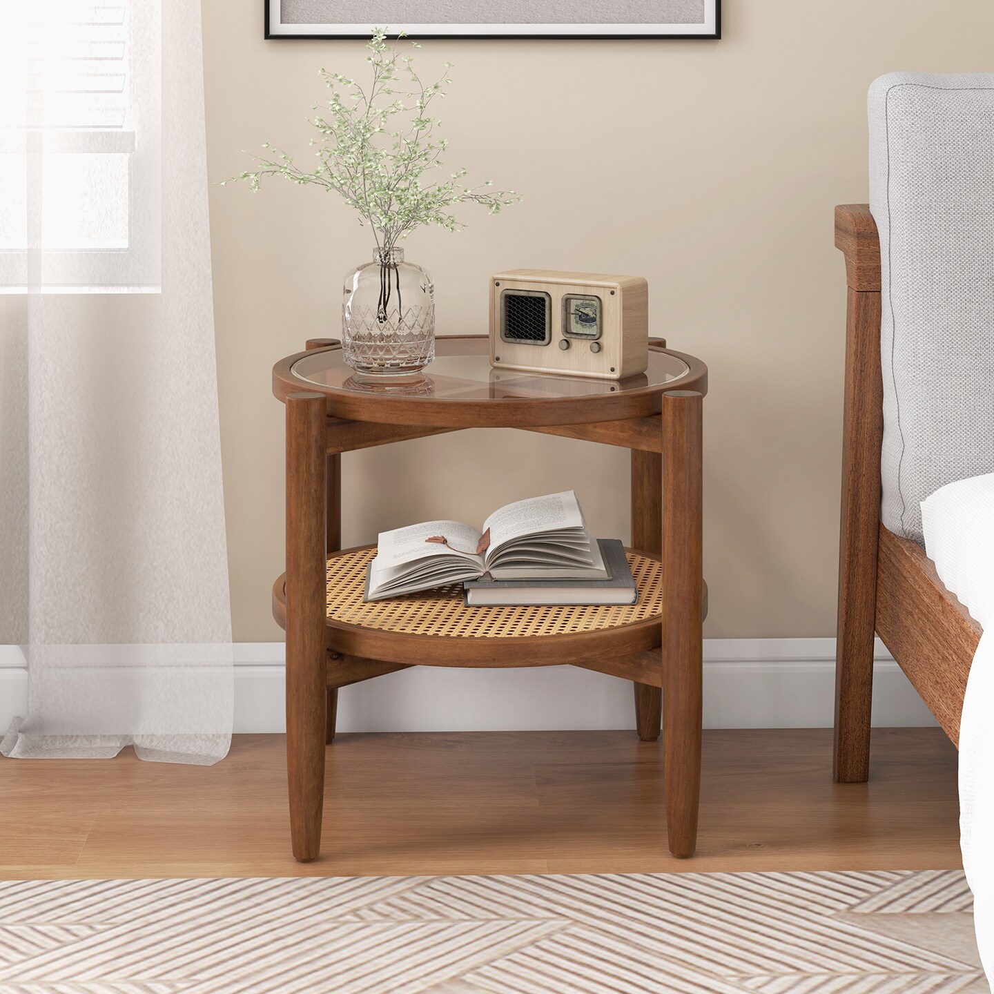 Rattan Round Side End Table With Tempered Glass Tabletop