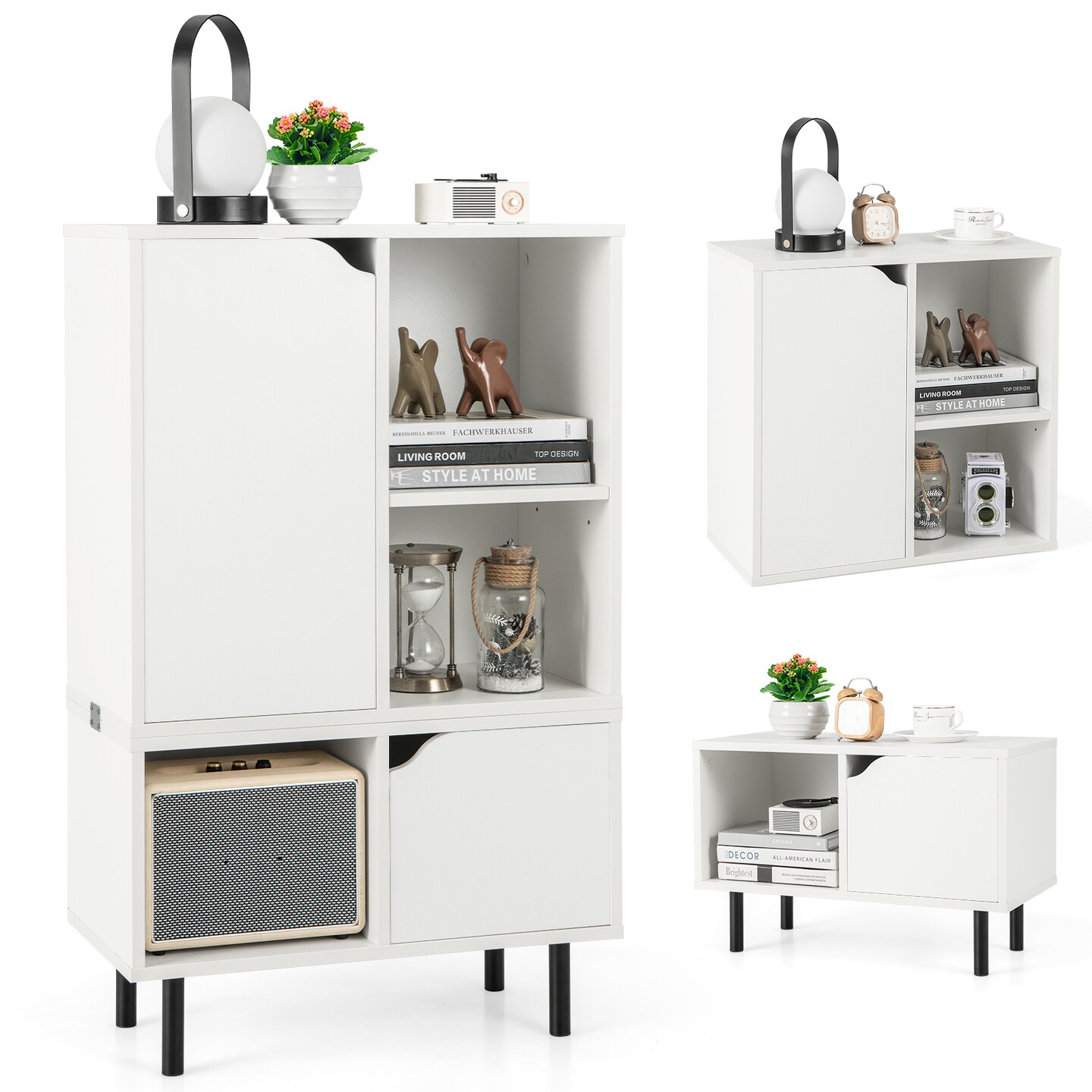 Stackable Bookcase With Adjustable Shelf And Cubes-white