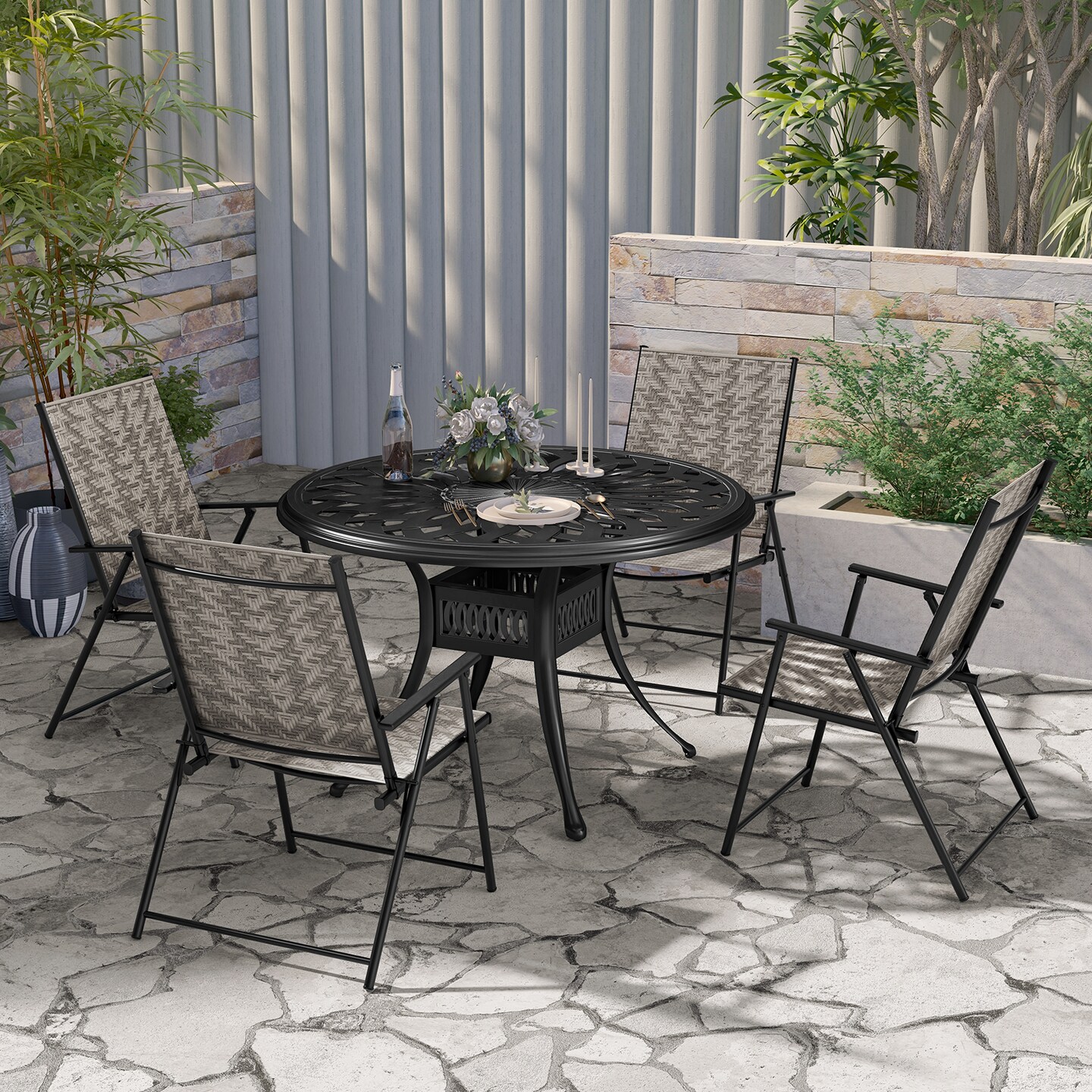 Set Of 4 Patio Folding Chairs With Armrests And Portable Lawn Chairs For Garden Backyard-gray