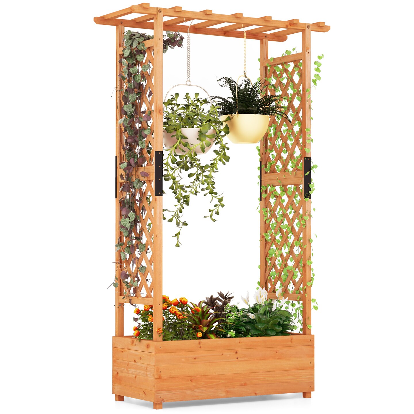 Raised Garden Bed Planter Box with Trellis Roof 43.5in Fir Wood Vertical Planter Orange