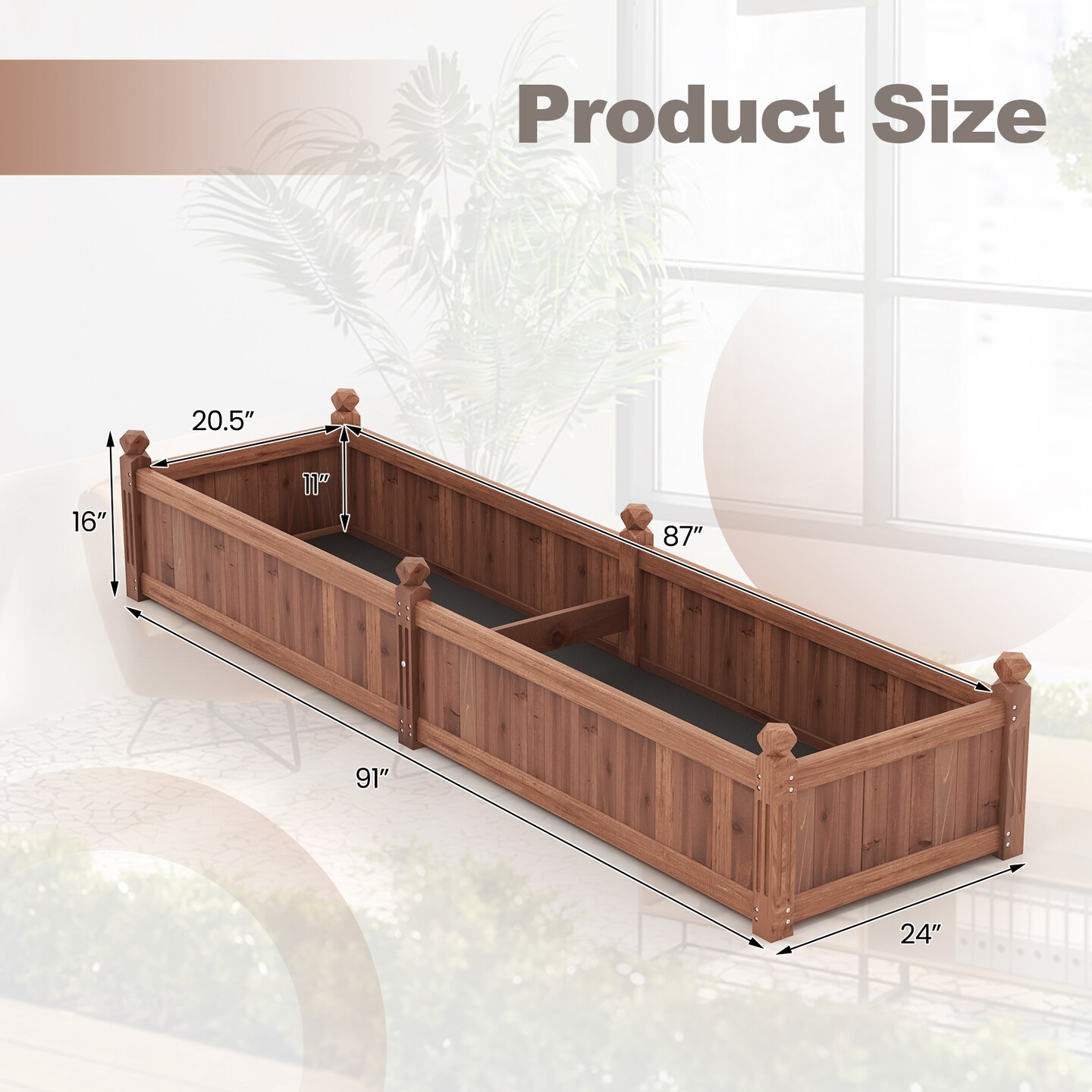 91 X 24 X 16 Inch Divisible Planter Box With Corner Drainage-Brown