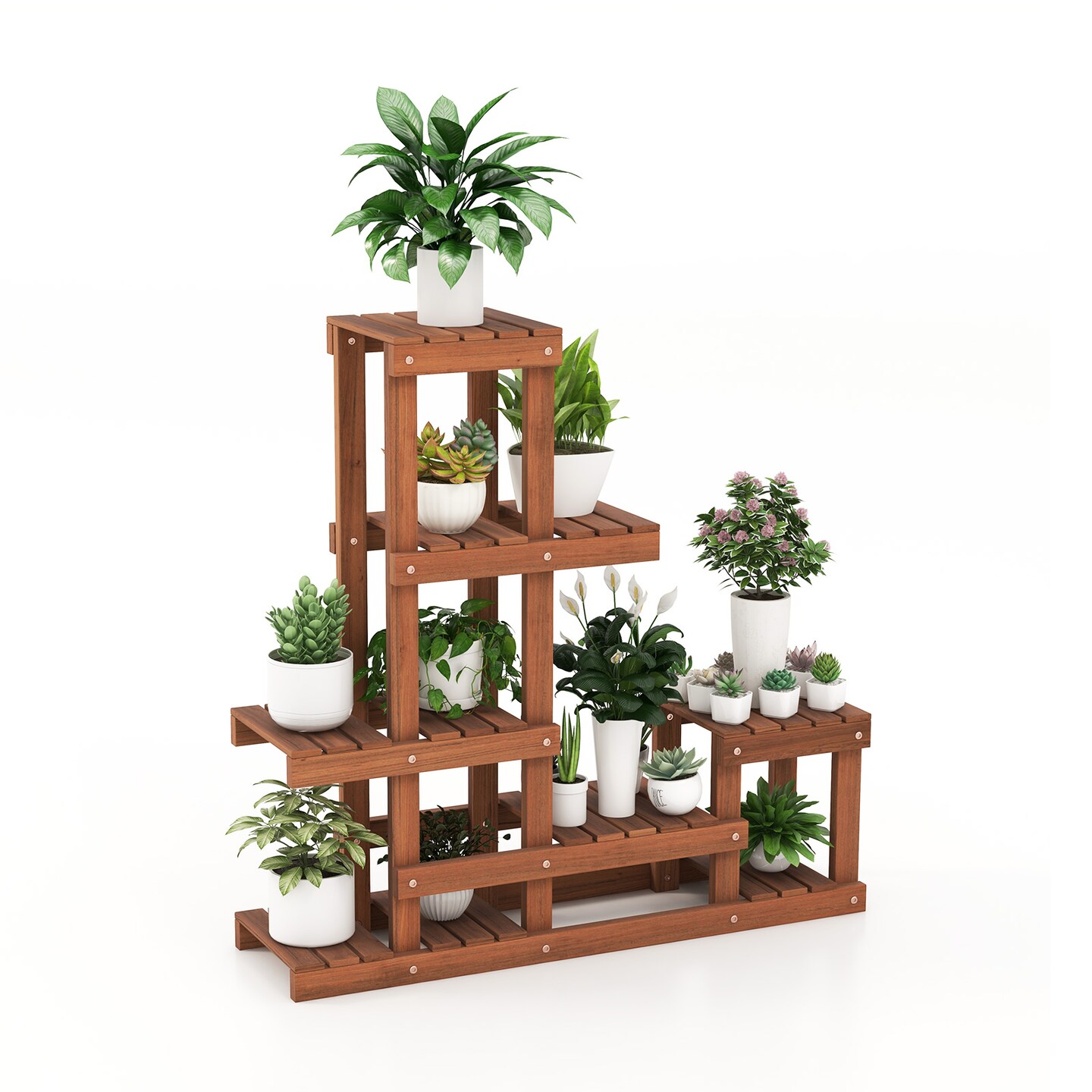 6 Tier Wooden Plant Stand with Hallow-out and High Low Design
