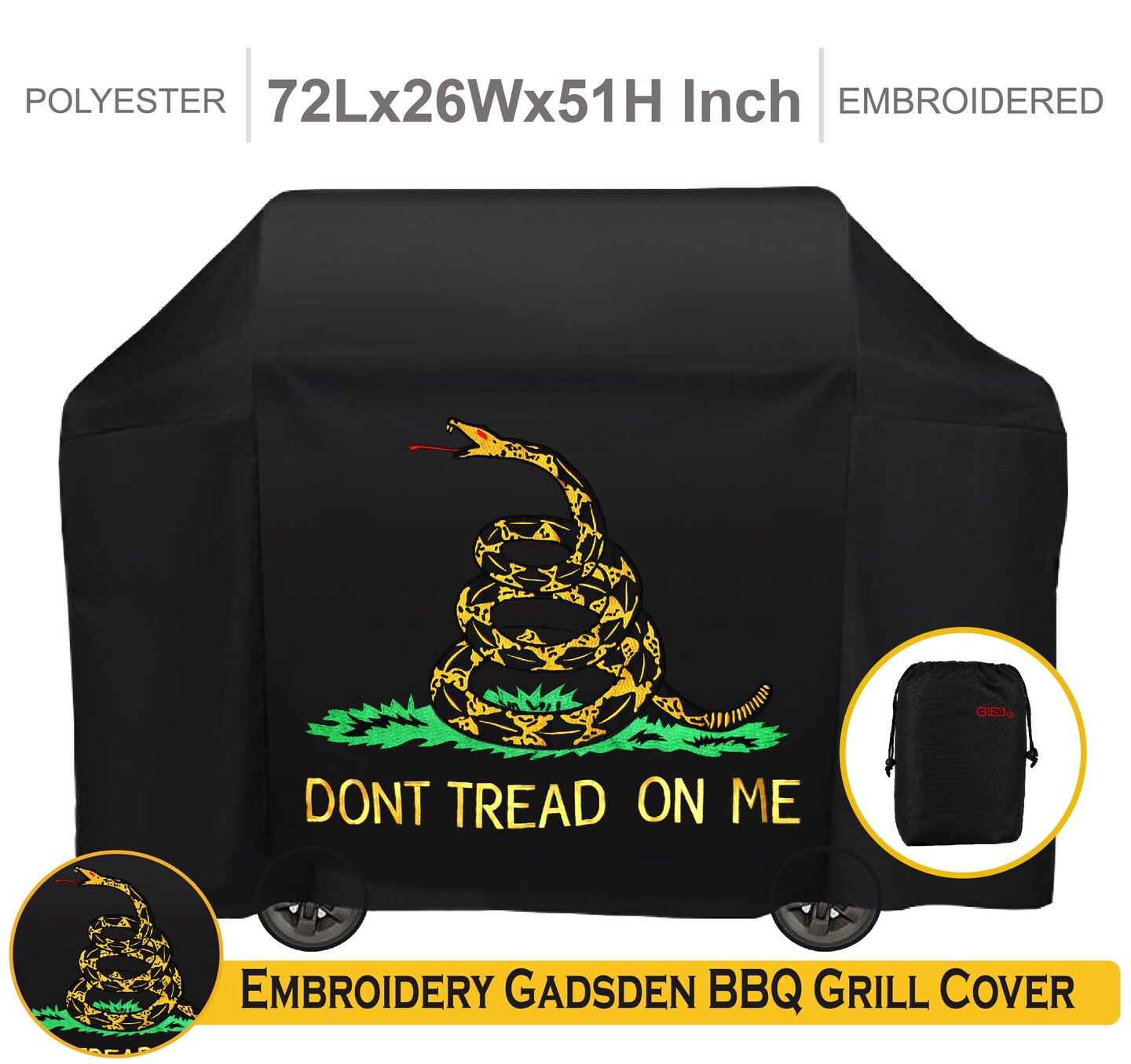 G128 Don&#x27;t Tread On Me Gadsden Grill Cover | 72 inch | Gas Grill Cover Waterproof, UV Resistant BBQ Grill Cover, Fits Most Brands of Grills