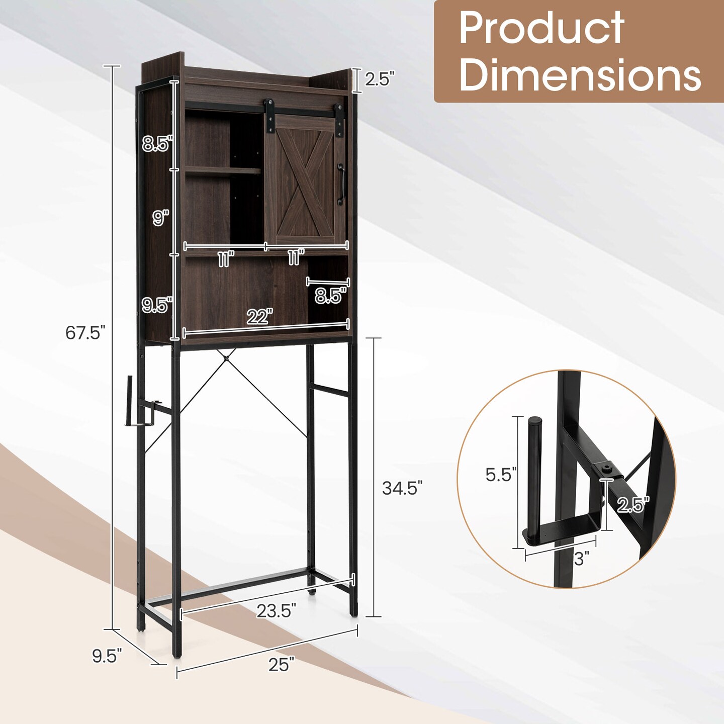 4-tier Multifunctional Toilet Storage Cabinet With Adjustable Shelf And Sliding Barn Door