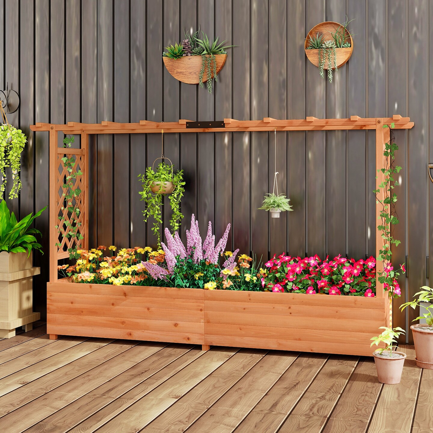 Raised Garden Bed With Side Trellis Hanging Roof And Planter Box-Orange