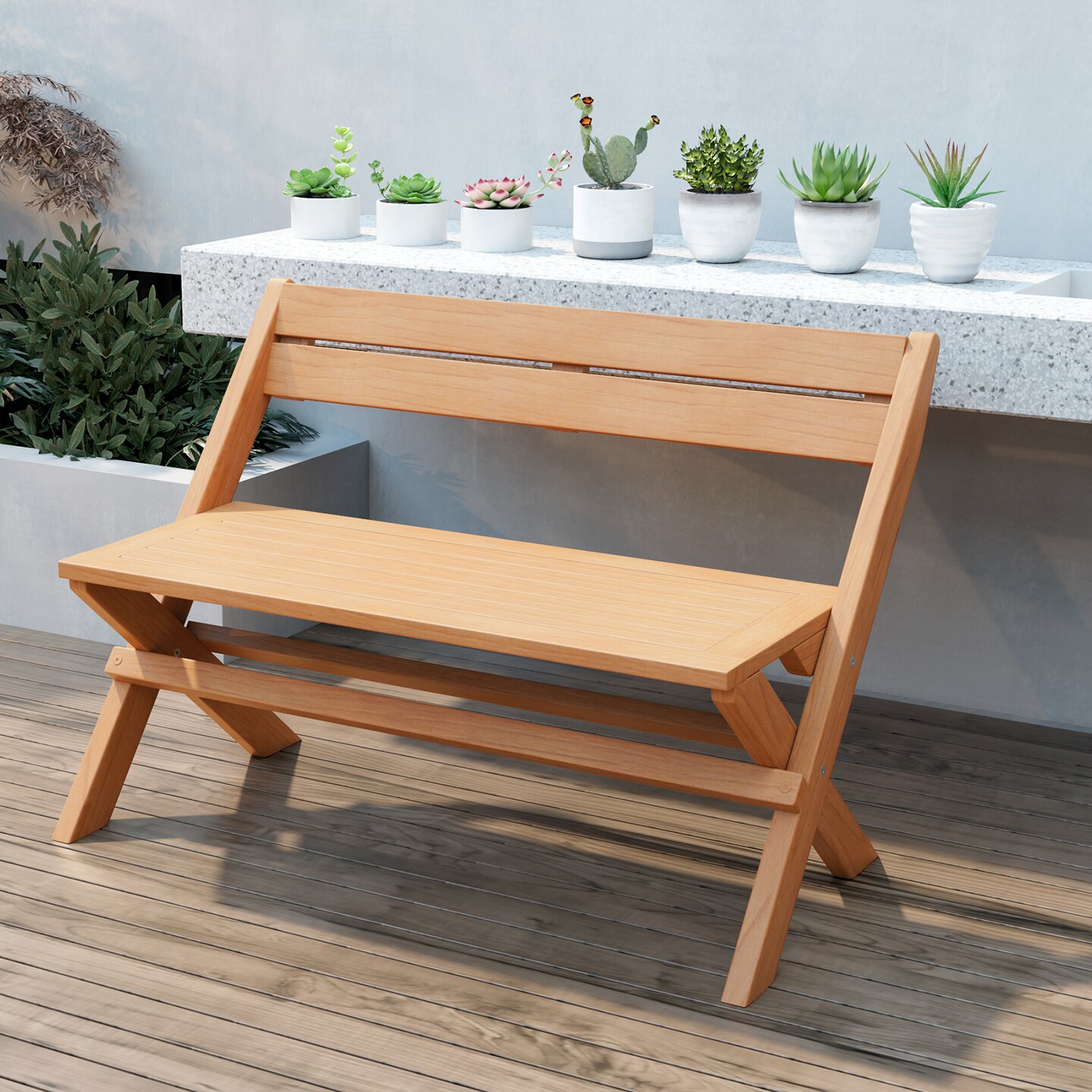 2-person Teak Wood Folding Outdoor Benches With Slatted Seat