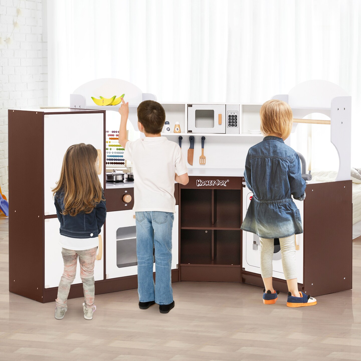 Brown Kitchen Play-set with Ice Maker Microwave Oven Sink and Washing Machine for Kids