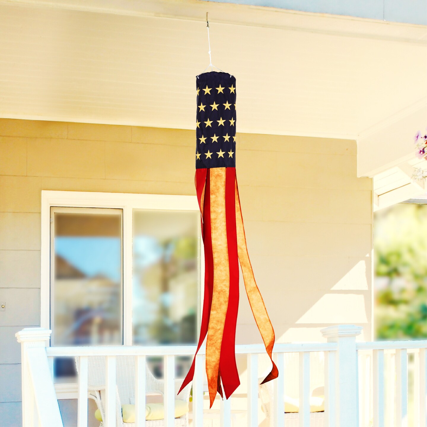 G128 Windsock 60 Inch Tea-Stained US Flag Windstock 60 in Embroidered Stars and Stripes Patriotic Hanging Decoration