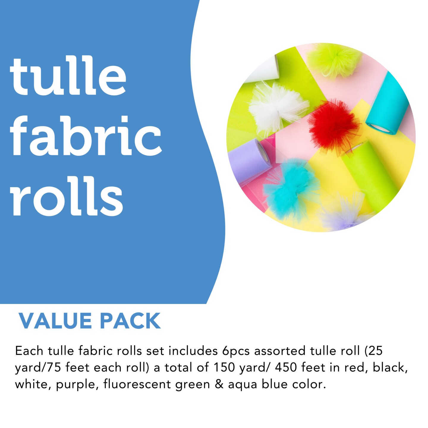 Incraftables Tulle Fabric 6 Rolls (25 Yards per Roll). Best Tulle Ribbon for Gift Wrapping, Wedding Decor, Party Decorations & Crafts (Rainbow Colors - Red, Black, White, Purple, Green & Aqua Blue)