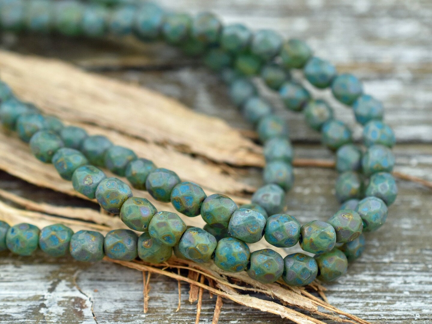 Matte Etched Green Aqua Picasso Fire Polished Round Beads