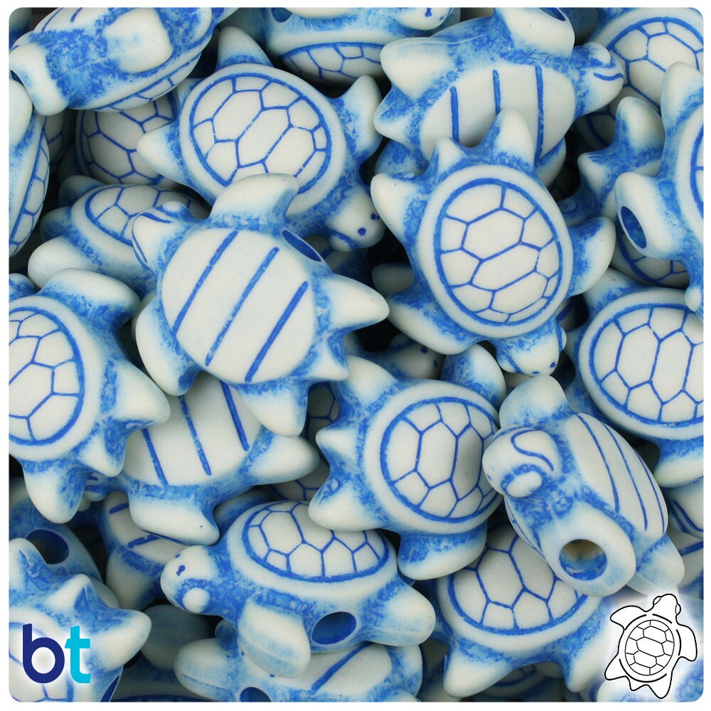 BeadTin Ivory w/ Blue Antique 23mm Sea Turtle Plastic Pony Beads (24pcs)