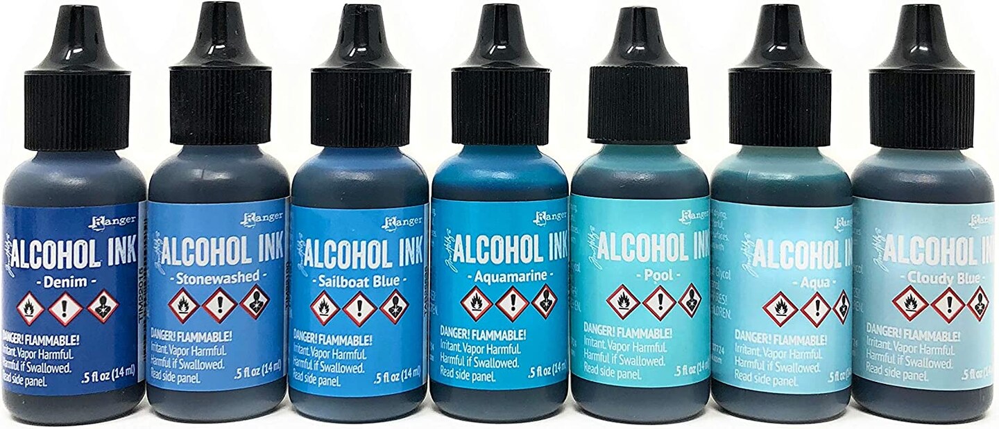 Blue Alcohol Inks Set, Tim Holtz Alcohol Ink Blues 7-Pack, 10 Pixiss Blending Tools